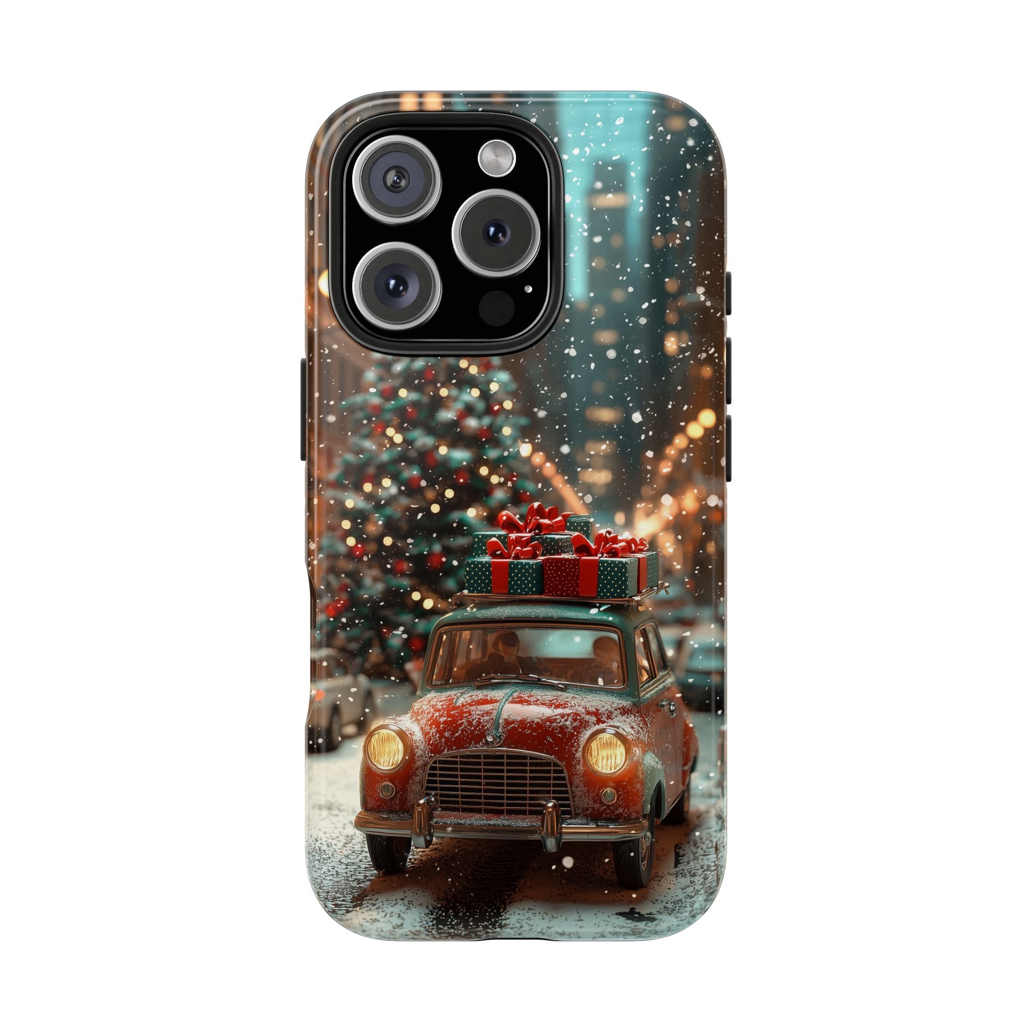 Christmas Red Car Tough Phone Case, Festive Holiday Winter Design, Snowy City Scene, Christmas Lights, Gift for Car Lovers, Red and Green