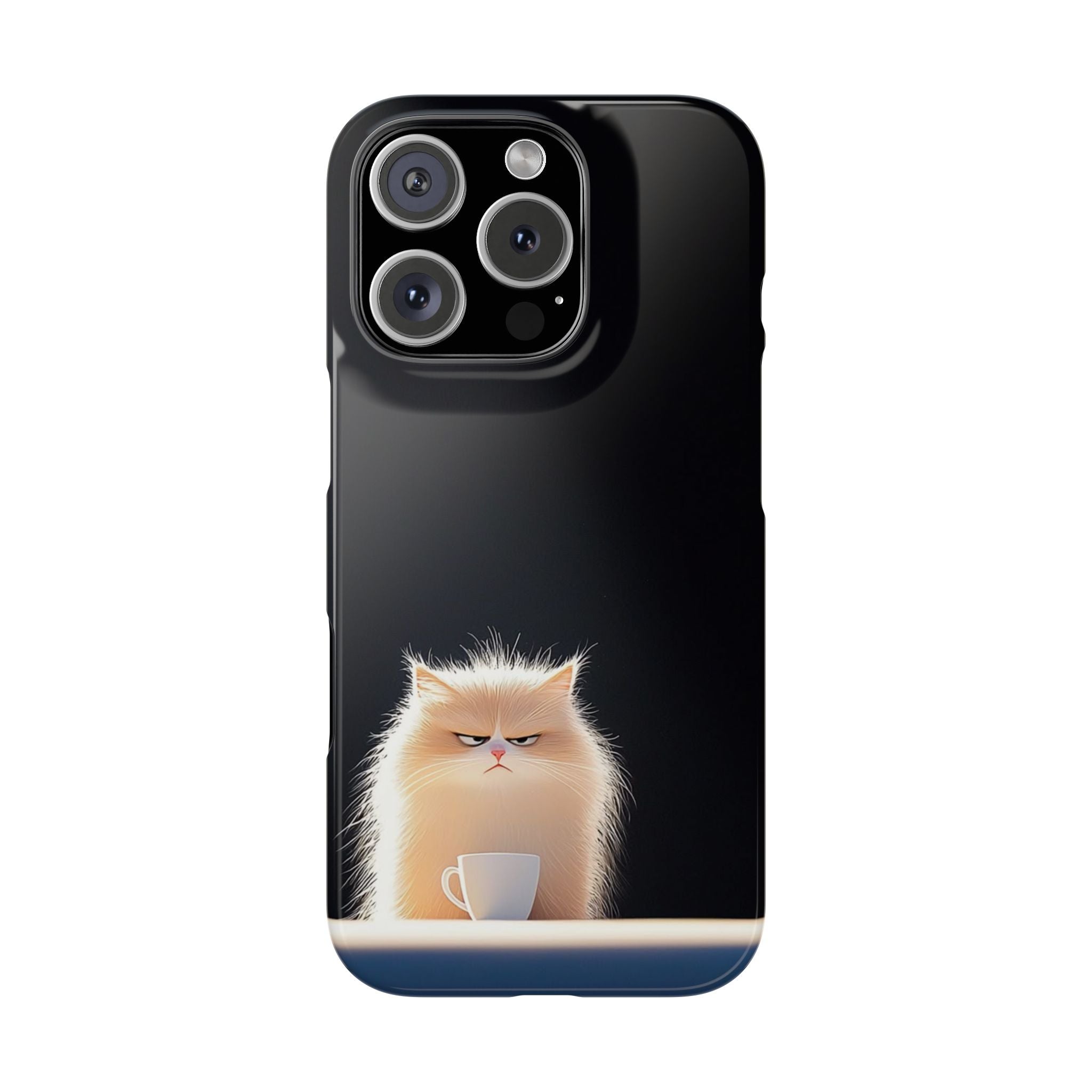 Grumpy Cat Coffee Slim Phone Case, Minimalist Cartoon Style on Black Background, High-Definition Fluffy Feline Design