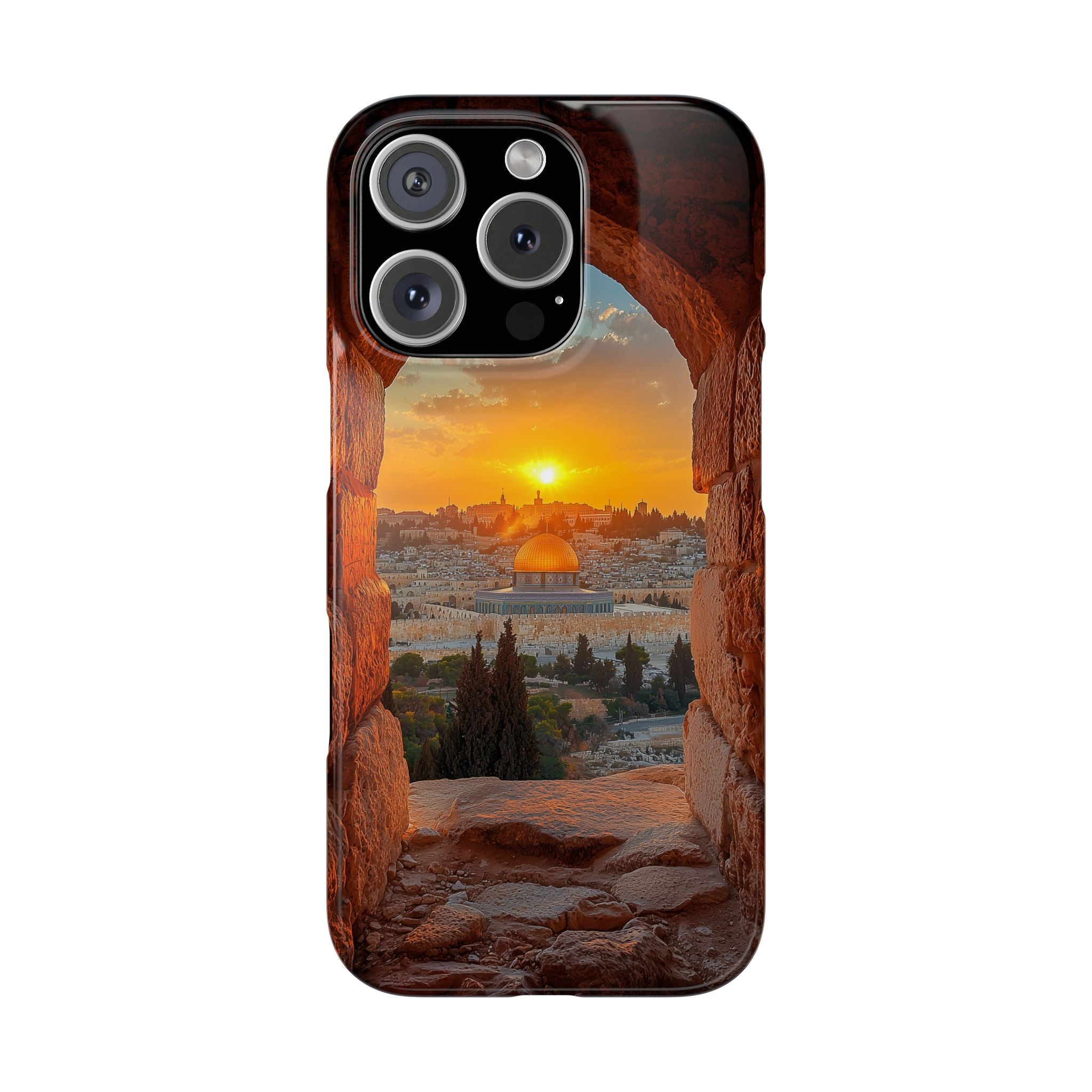 Slim Phone Cases - View of Jerusalem 2 from an Ancient Cave, Free Palestine Design, Dome of the Rock, Judean Hills, Jerusalem Sunset