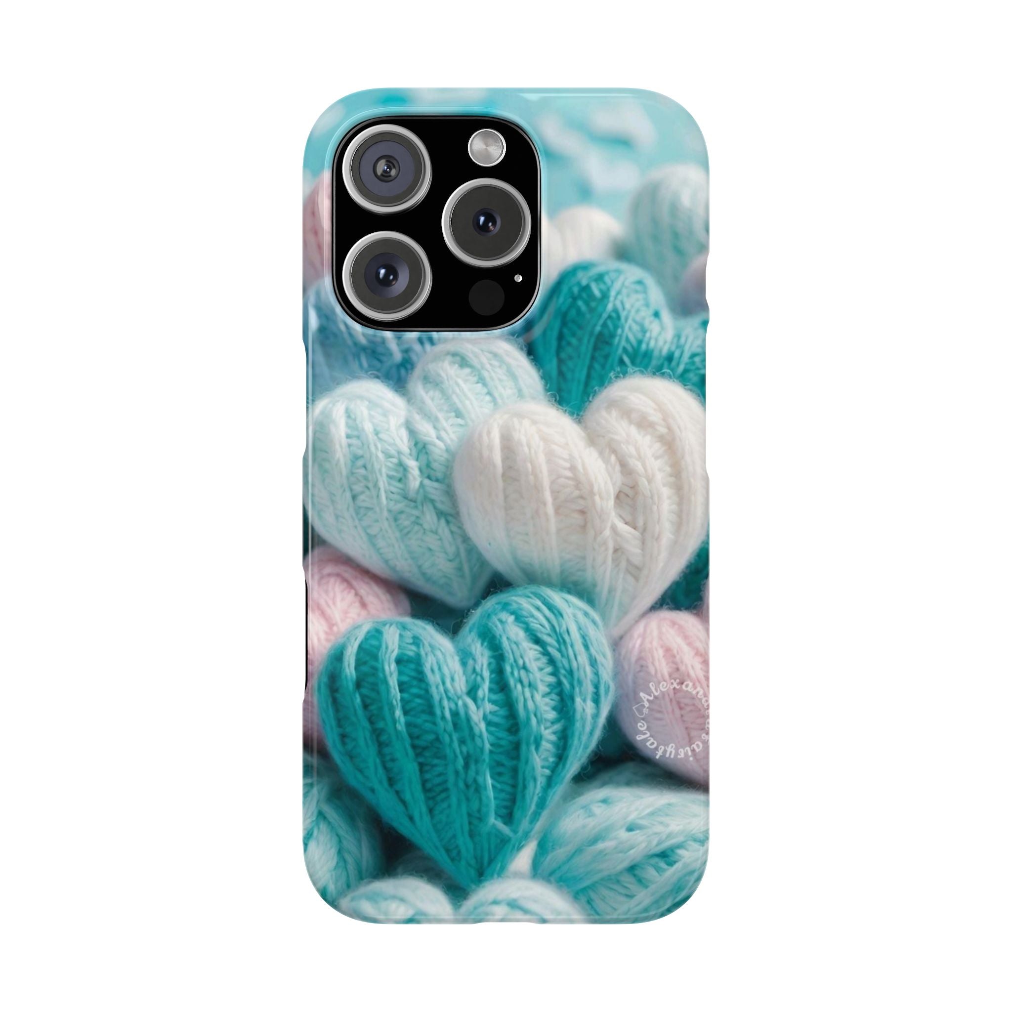 Pastel Knitted Hearts Slim Phone Case, Soft Blue Background with Pink and Turquoise Accents, Cozy and Cute Design
