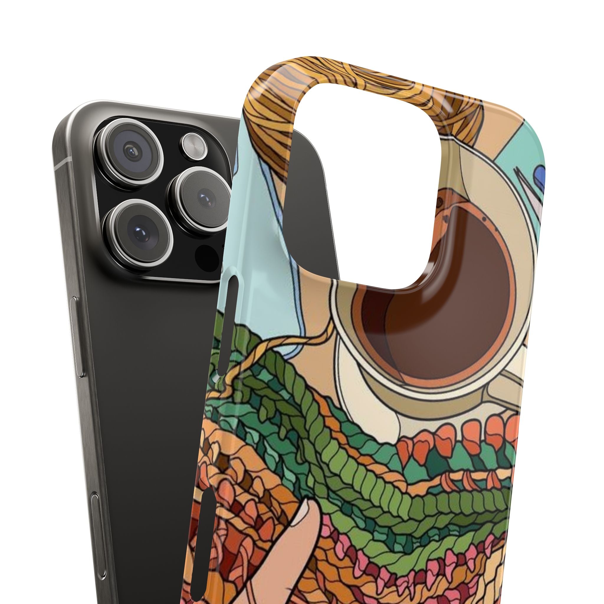 Knitting Hands Slim Phone Case, Colorful Yarn and Coffee Illustration, High-Definition Artistic Top-Down Design, Cozy Craft Cover