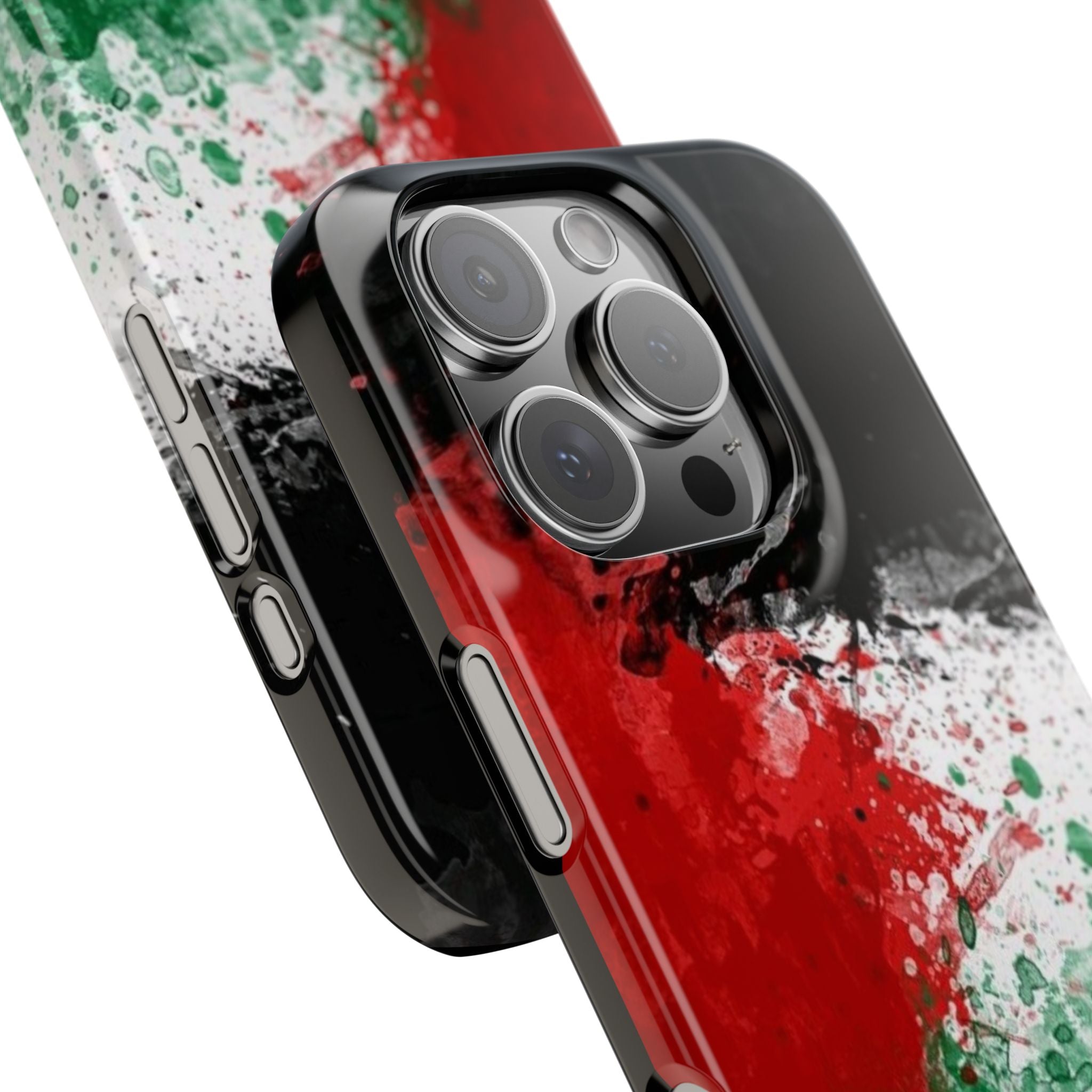 Phone Case, Palestine Flag Splatter Paint Design, Black Background, Red White Green Color Scheme, Gift for Palestinian, Customizable Cover,