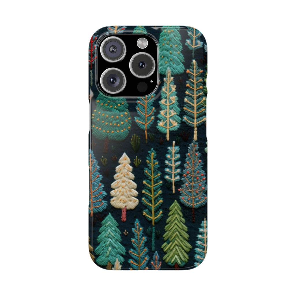 The "New Year Embroidery Bliss", slim iPhone case with embroided Christmas Trees, Enchanting Holidays, iPhone cover