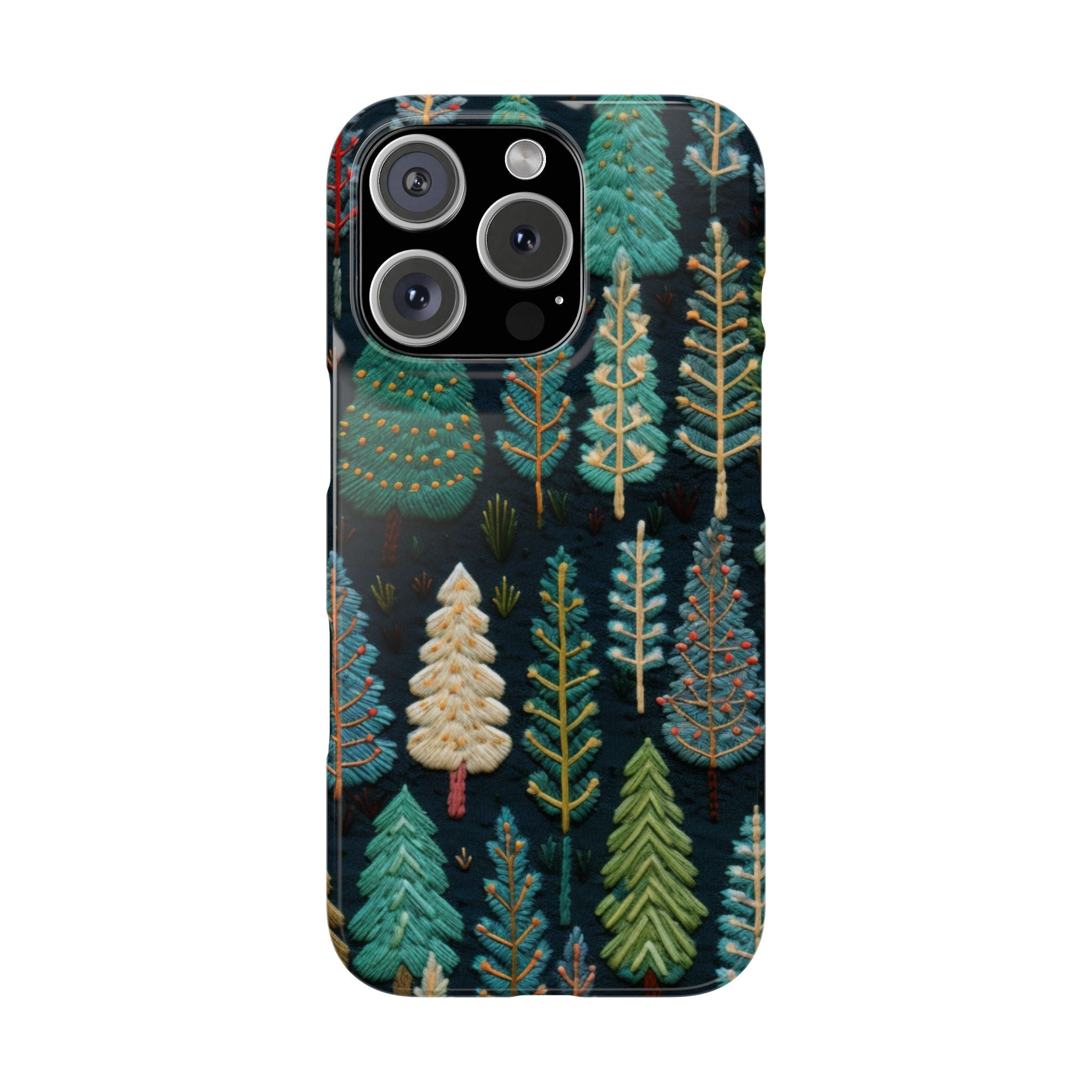 The "New Year Embroidery Bliss", slim iPhone case with embroided Christmas Trees, Enchanting Holidays, iPhone cover