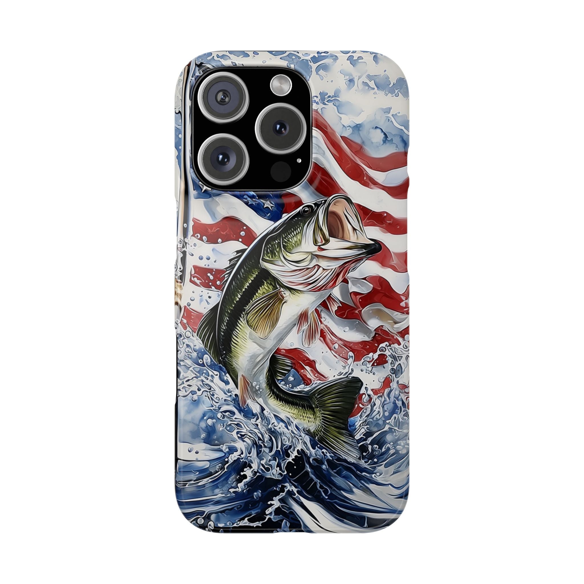 Phone Case, Patriotic Fishing Bass American Flag Water Splash Airbrushed Slim Case, Gift for Fishermen, Fishing Enthusiasts, Fourth of July,