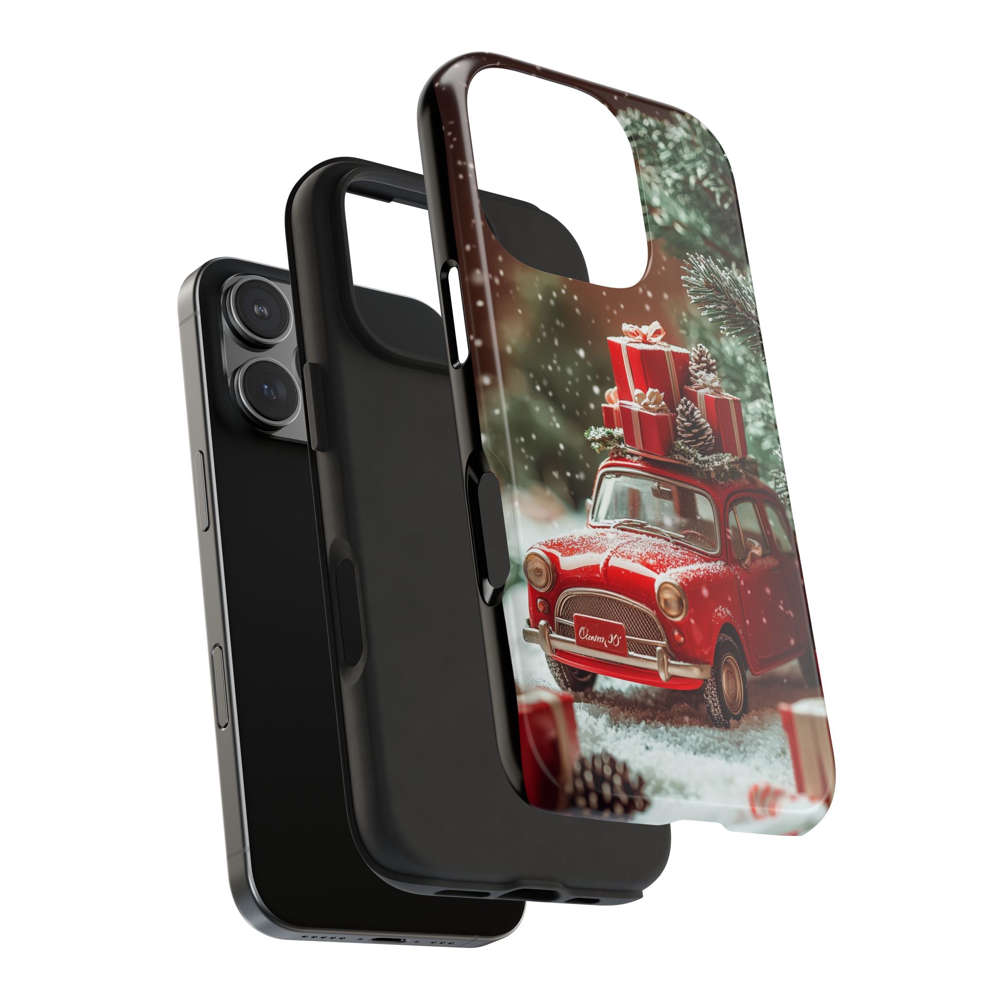 Phone Case - Vintage Christmas Car with Presents and Snow, Holiday Phone Cover, Christmas Tree, Red Car, Christmas Lights, Winter Decoration