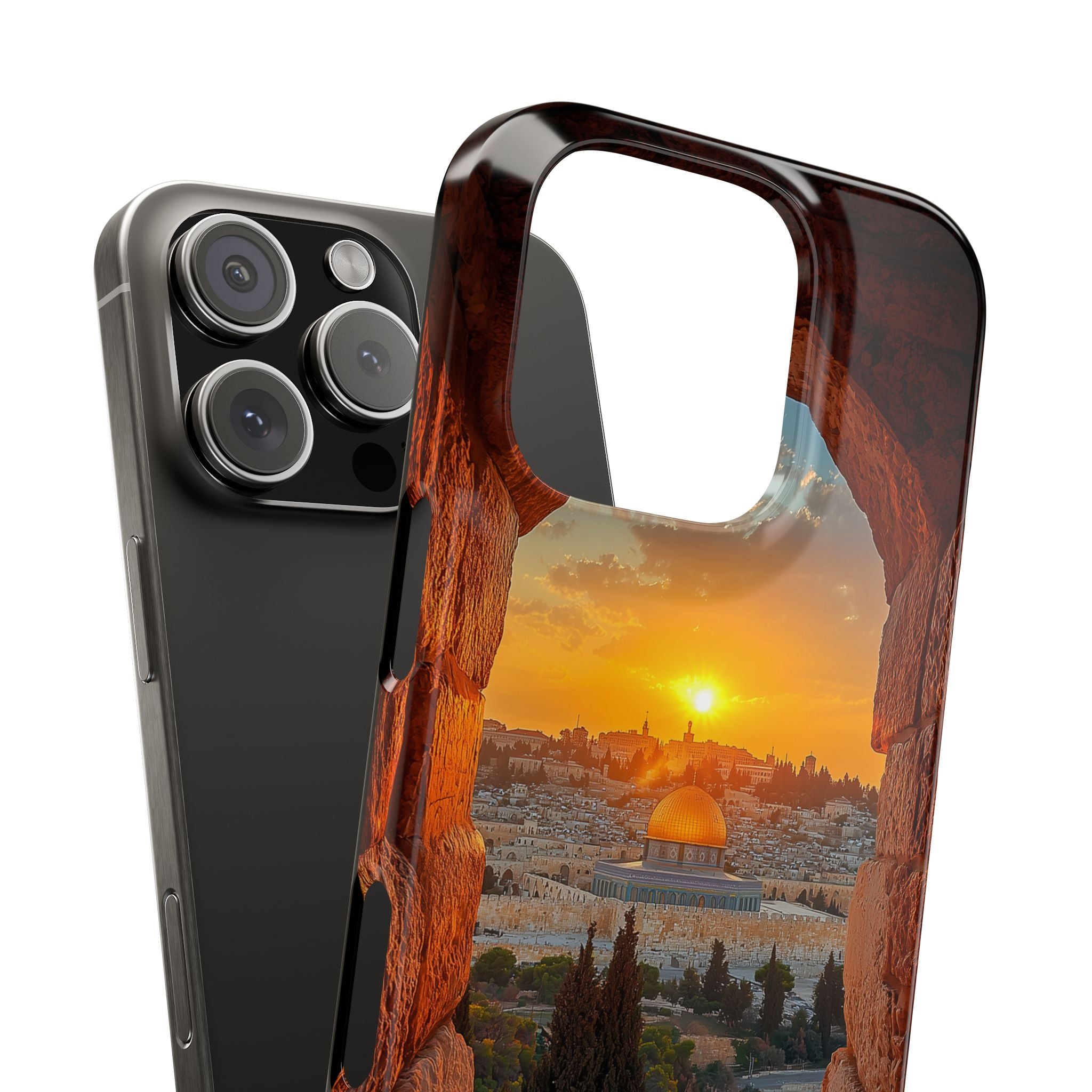 Slim Phone Cases - View of Jerusalem 2 from an Ancient Cave, Free Palestine Design, Dome of the Rock, Judean Hills, Jerusalem Sunset