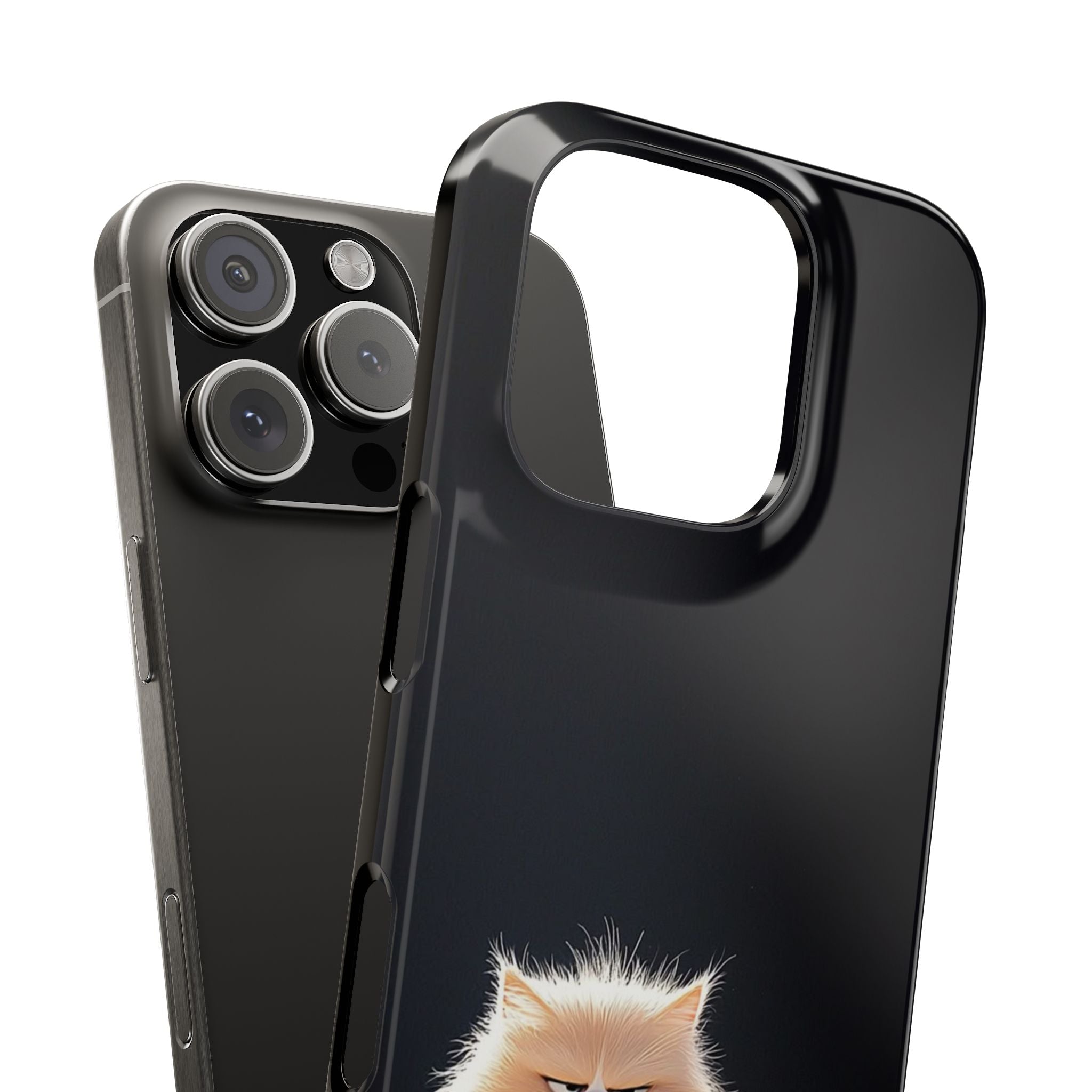 Grumpy Cat Coffee Slim Phone Case, Minimalist Cartoon Style on Black Background, High-Definition Fluffy Feline Design