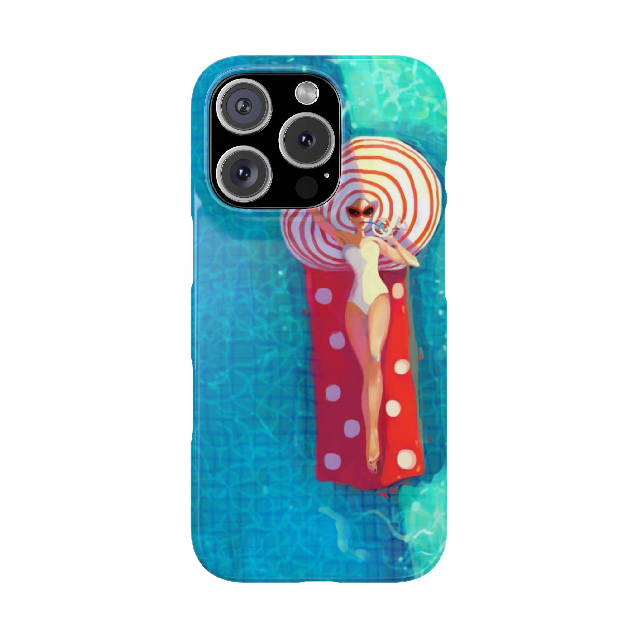 Sunbathing Woman Slim Phone Case, Summer Pool Floating Bed Design, Sunglasses Beach Hat Illustration, Red White Turquoise, Vibrant Colors,