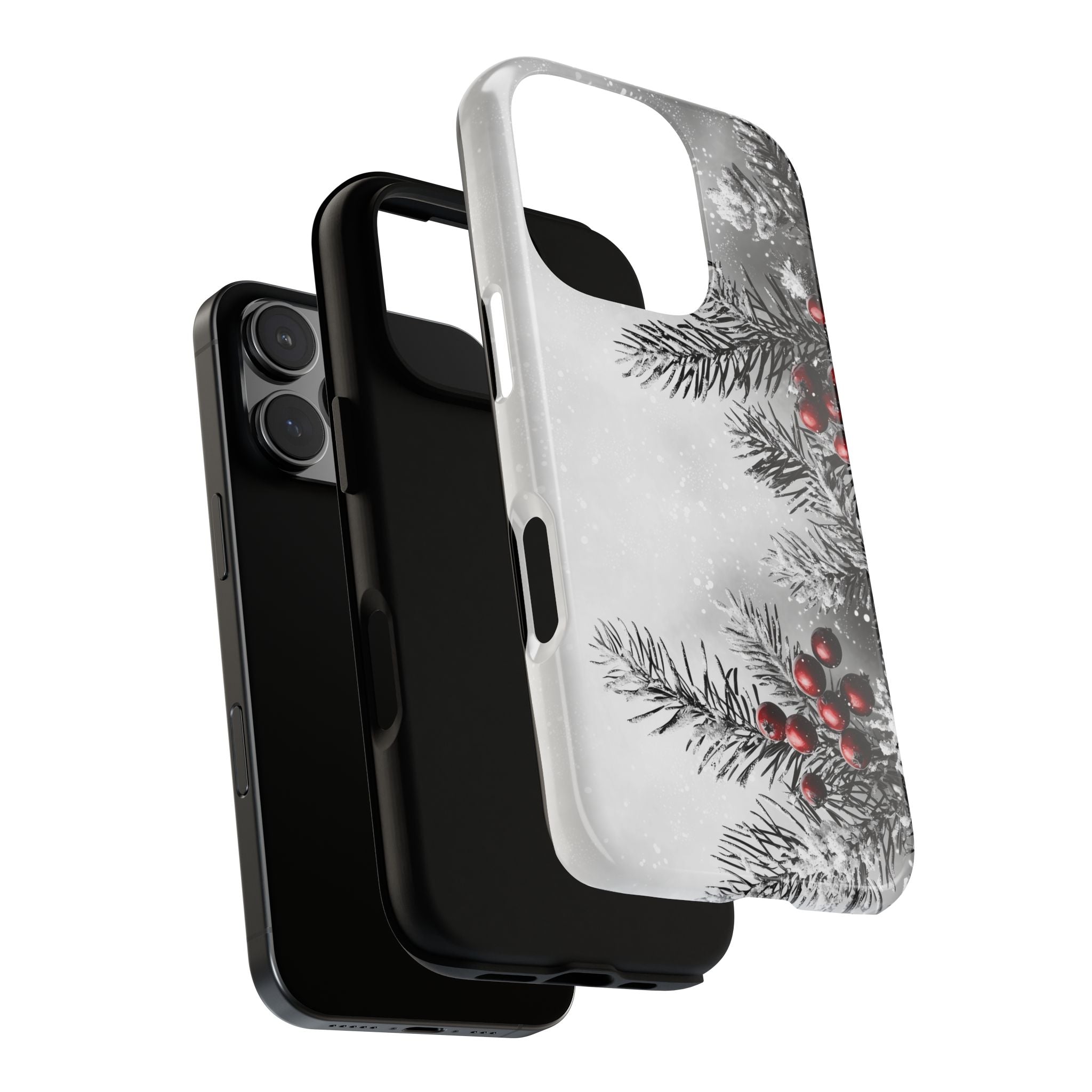 Phone Case, Charcoal Style Christmas Black and White Art with Redberry Christmas Background Tough Case - Holiday Gift, Christmas Phone