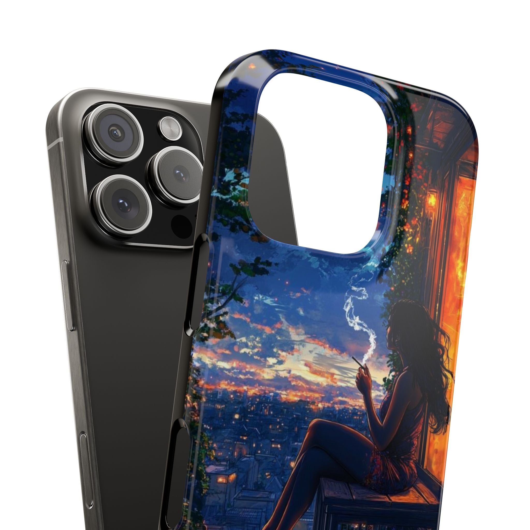 Anime Balcony Night Slim Phone Case, Girl with Cigarette Overlooking City Lights, Dreamy Warm-Toned Portrait, High-Definition Cover