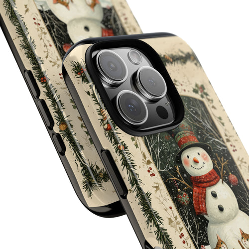 A Vintage Snowman with 2 kittens, Tough Phone Case, iPhone 16, Samsung Galaxy, and Google Pixel