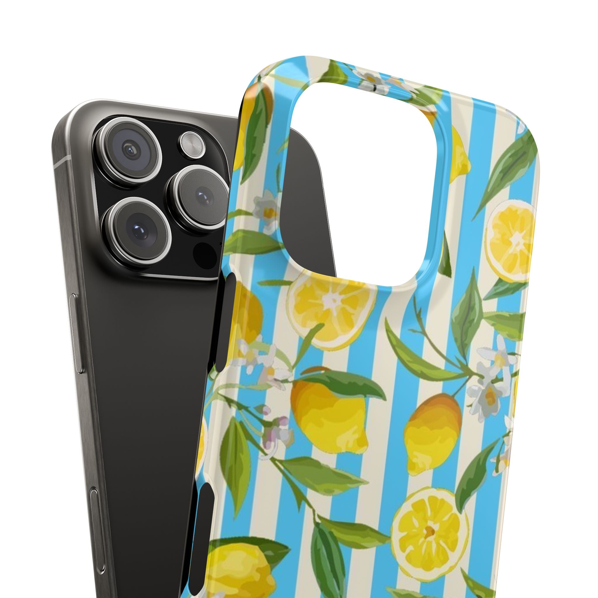 Phone Case, Lemon and Blue Stripes, Retro Summer Wallpaper Pattern, Slim Fit, Protective, Trendy, Unique, Citrus Fruit, Fresh, Yellow,