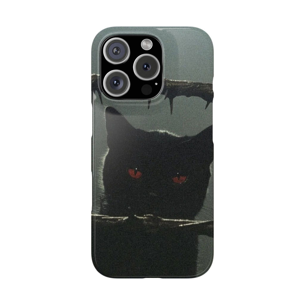 Cat on Iron Fence Slim Phone Case, Black Cat with Red Eyes Halloween Themed Cover, Spooky Themed Halloween Phone Case, Gothic Cat Themed
