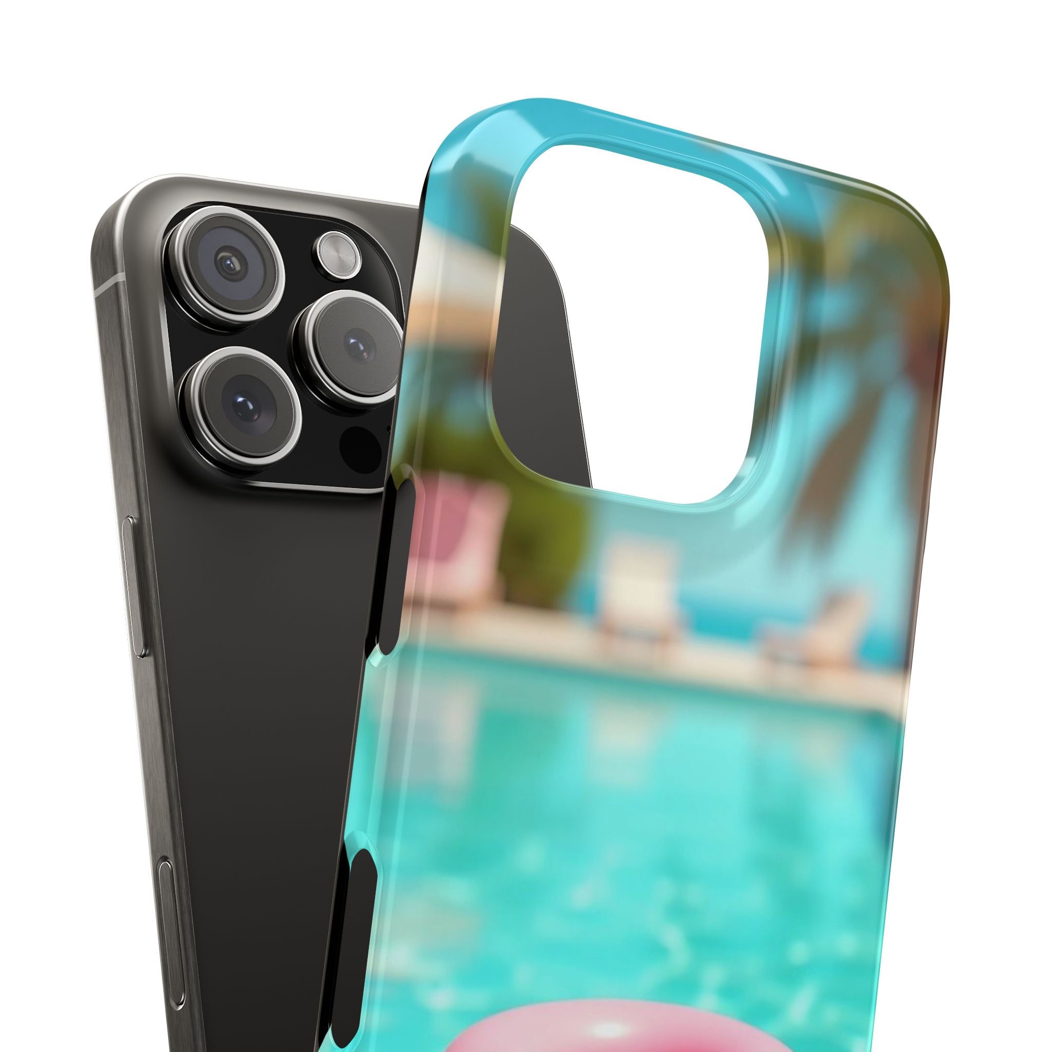 Slim Phone Cases - Tropical Pink Ring Floating on Water, Summer Vibes, Pastel Colors, Beach Chairs, Palm Trees, Blue Sky, Depth Blur Effect,