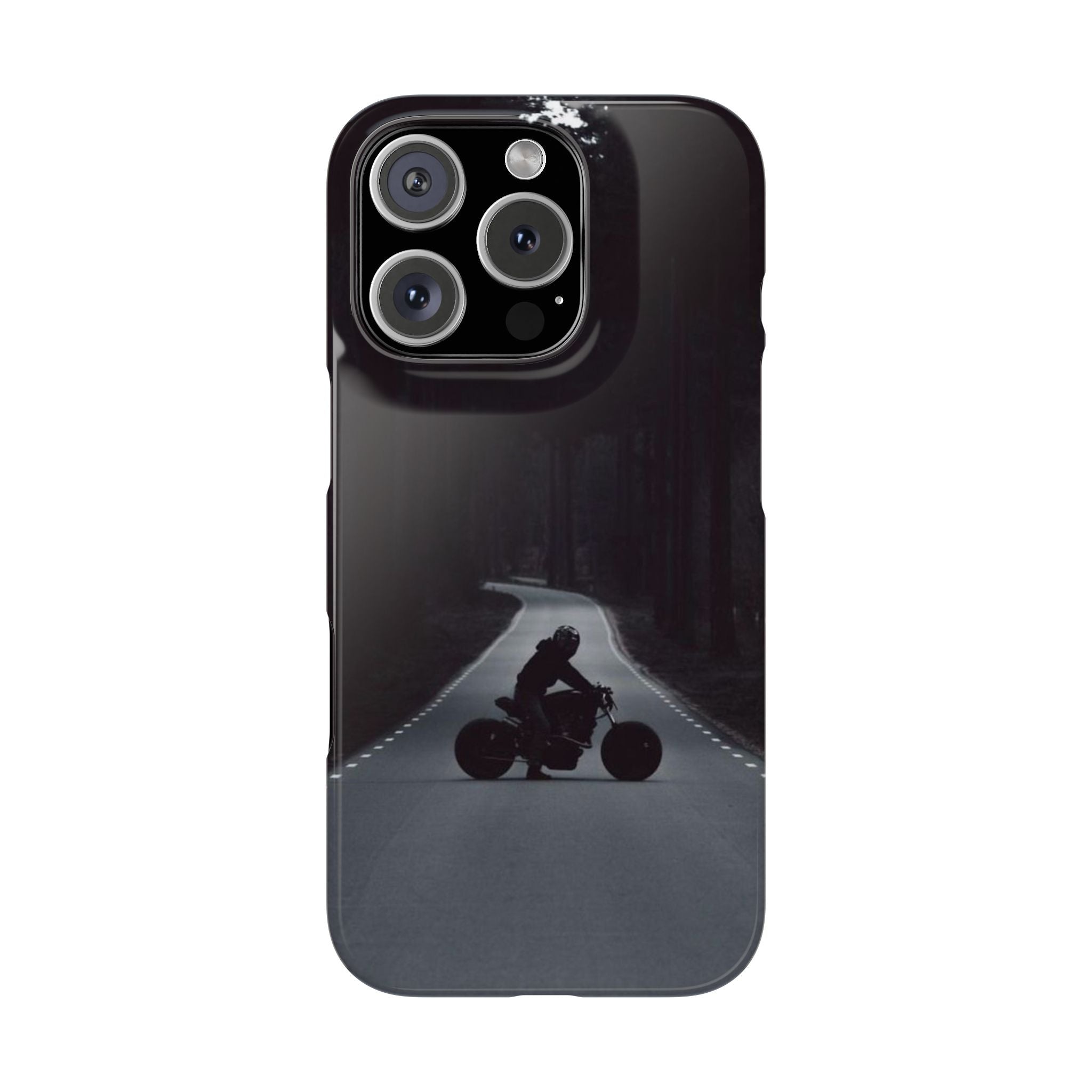 Motorcycle Rider Slim Phone Case, Minimalist Black & Gray Tones, Dark Forest Photography, Bike Lover Gift, Protective Cover for Phone