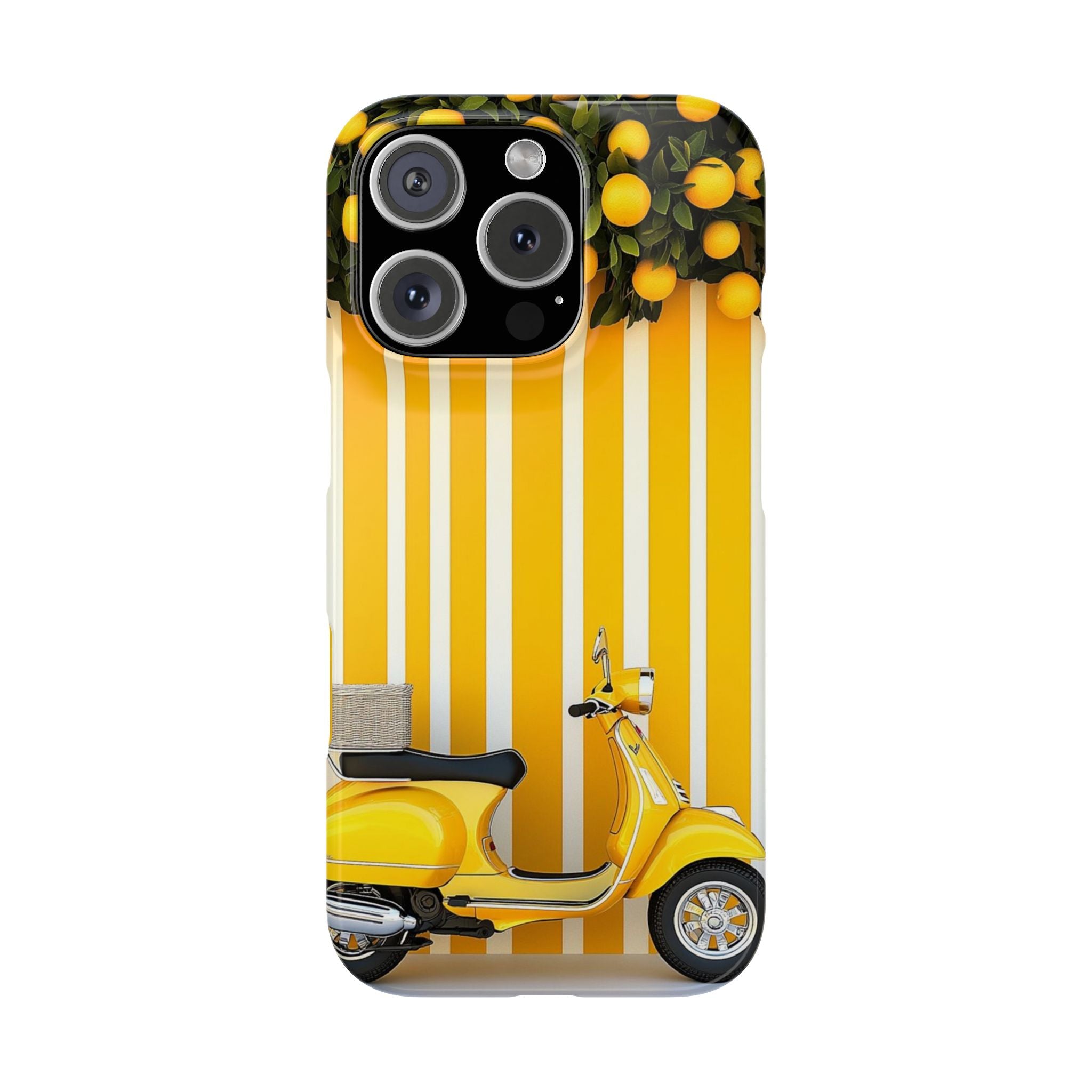 Phone Cases - Lemon Tree and Scooter Design - Yellow and White Striped Background