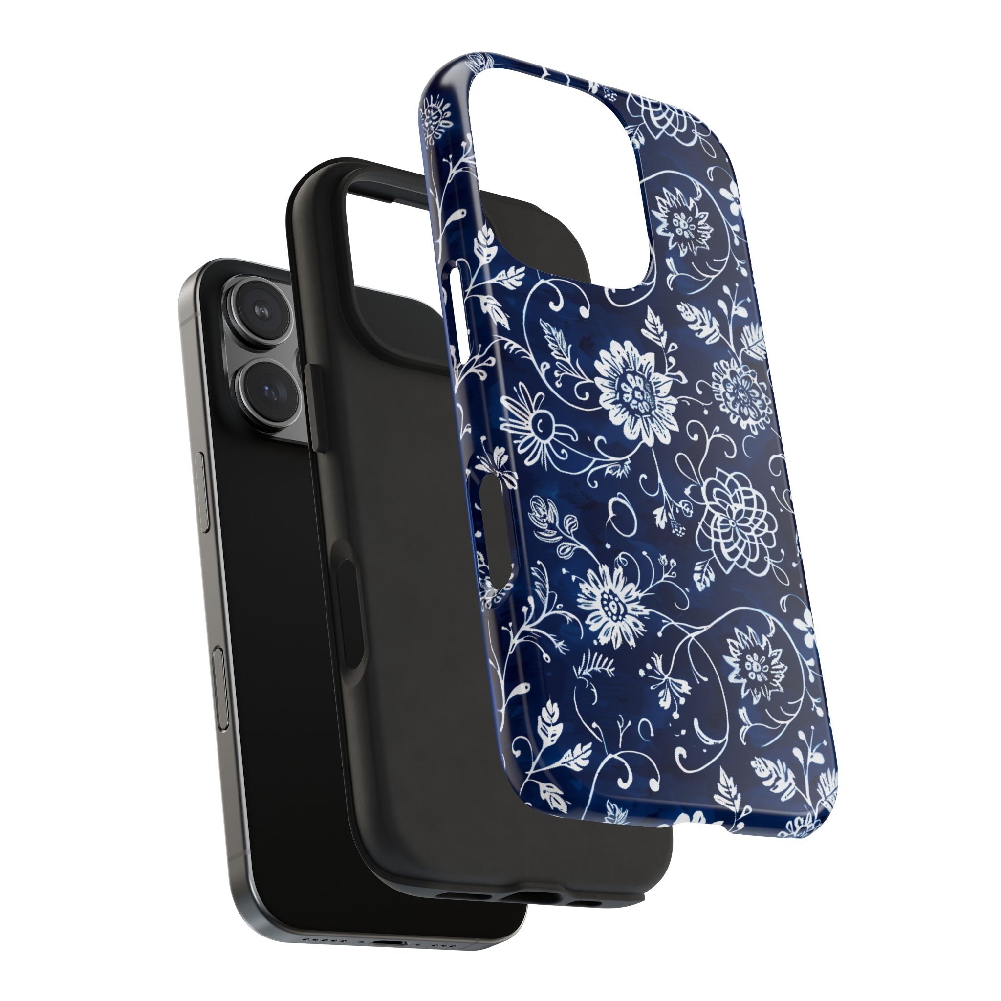 Phone Cases - White Ink Stamp Pattern with White Flowers on Blue Background