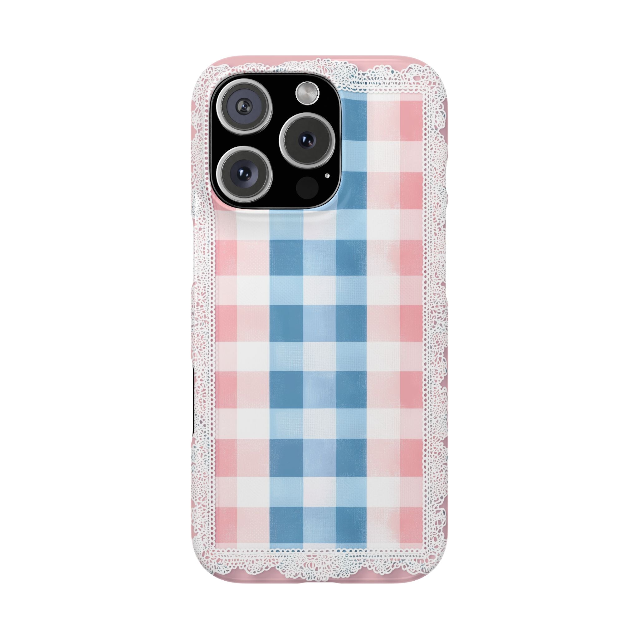 Slim Phone Cases with Blue Gingham and Lace Seamless Pattern, Classic Inspired Design, Pastel Hues, Denim Blue