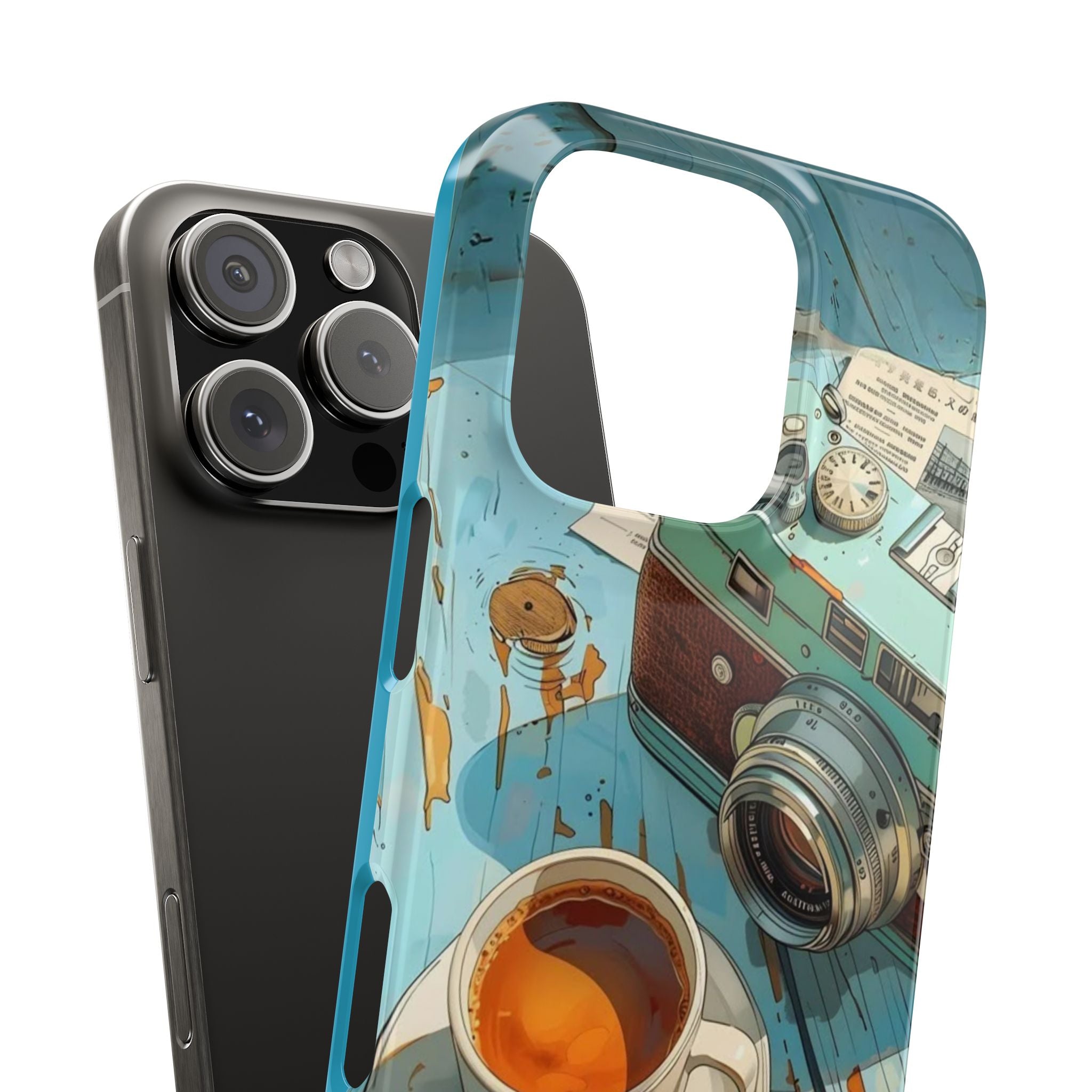 Coffee, Camera, Newspaper - Slim Phone Case, Photography Gift, Coffee Lover, Vintage Camera, Newsprint, Unique Phone Cover