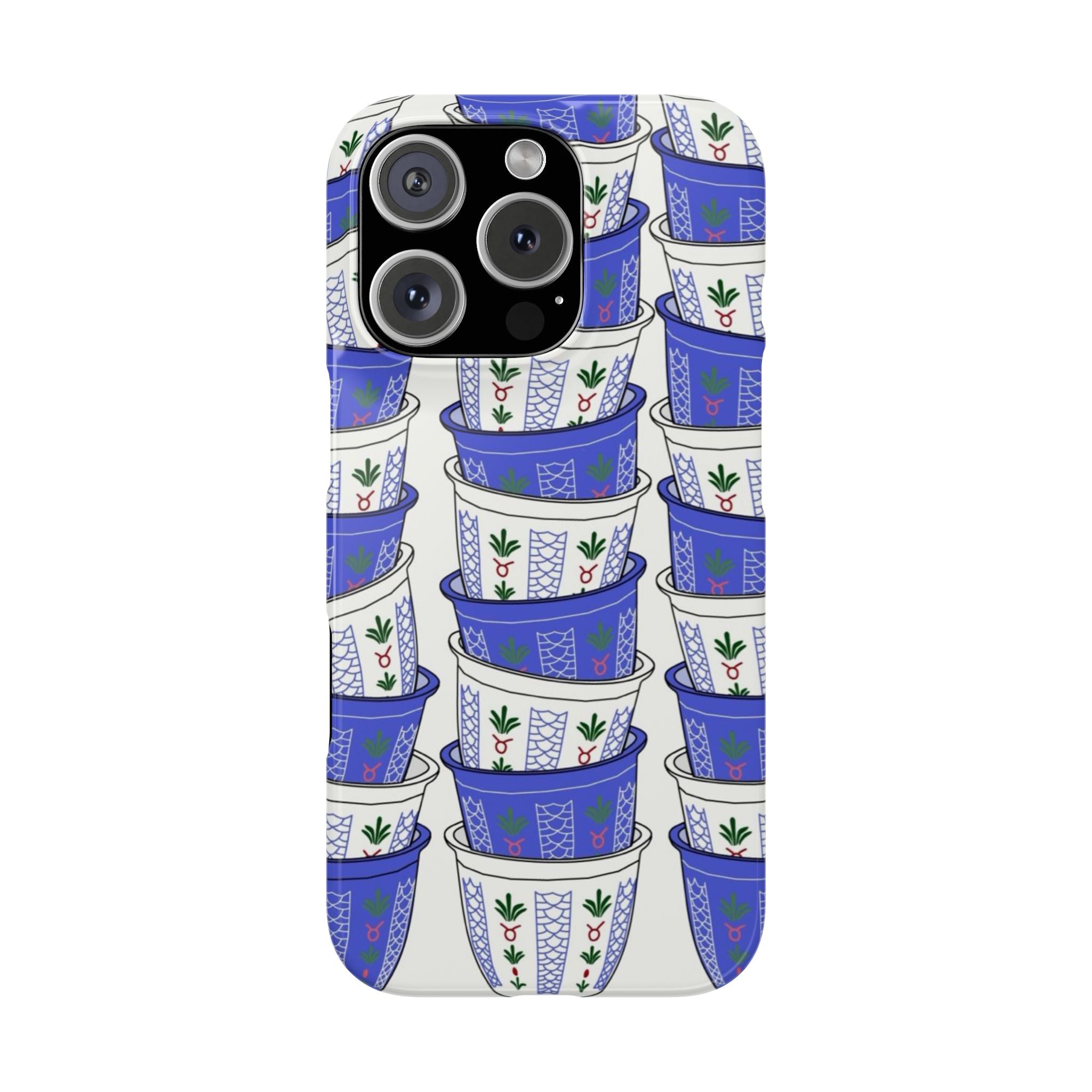 Lebanese Coffee Cups Phone Case, Blue & White Pattern, Slim Phone Case Sleeve, Traditional Lebanon Cardamon Coffee Cup Design