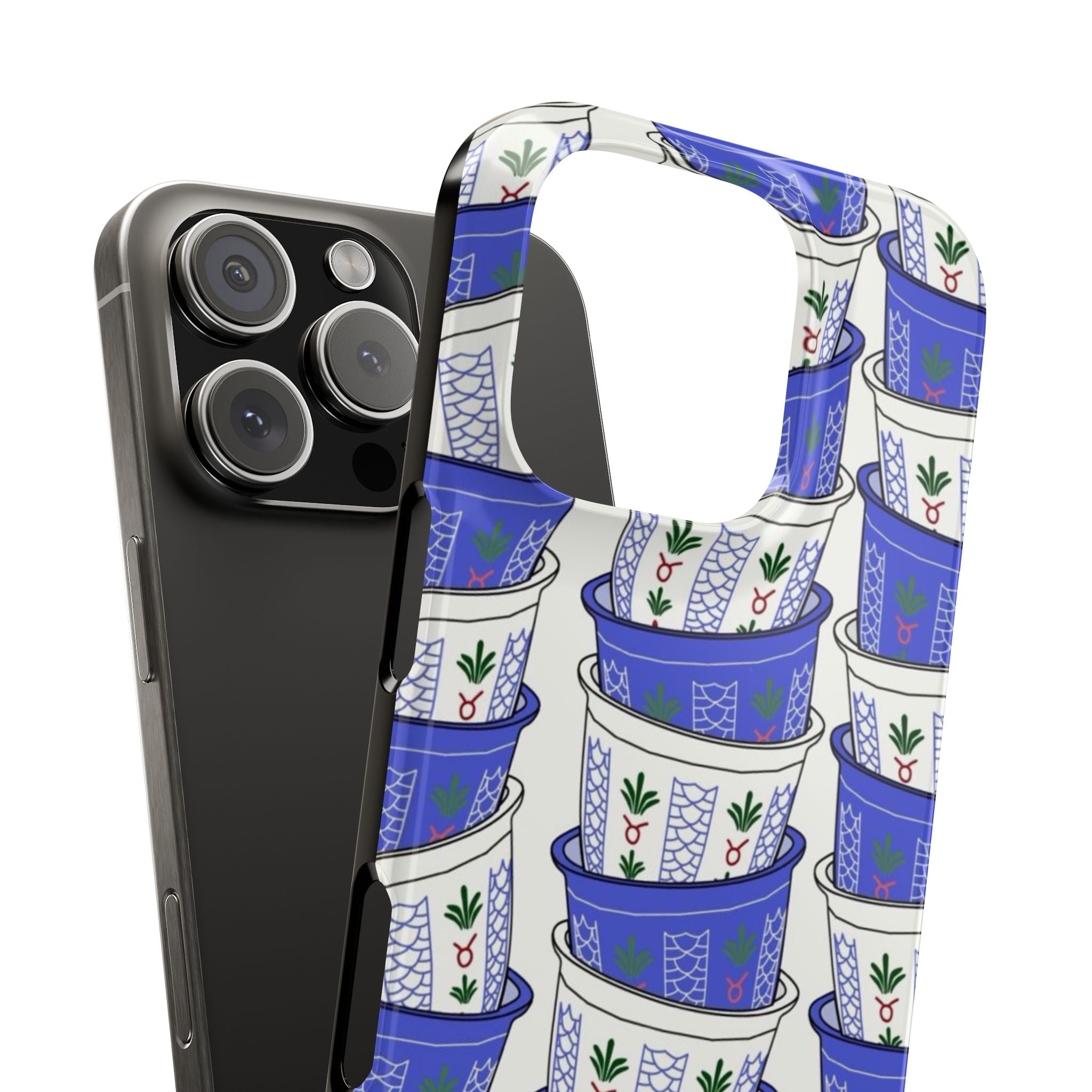 Lebanese Coffee Cups Phone Case, Blue & White Pattern, Slim Phone Case Sleeve, Traditional Lebanon Cardamon Coffee Cup Design