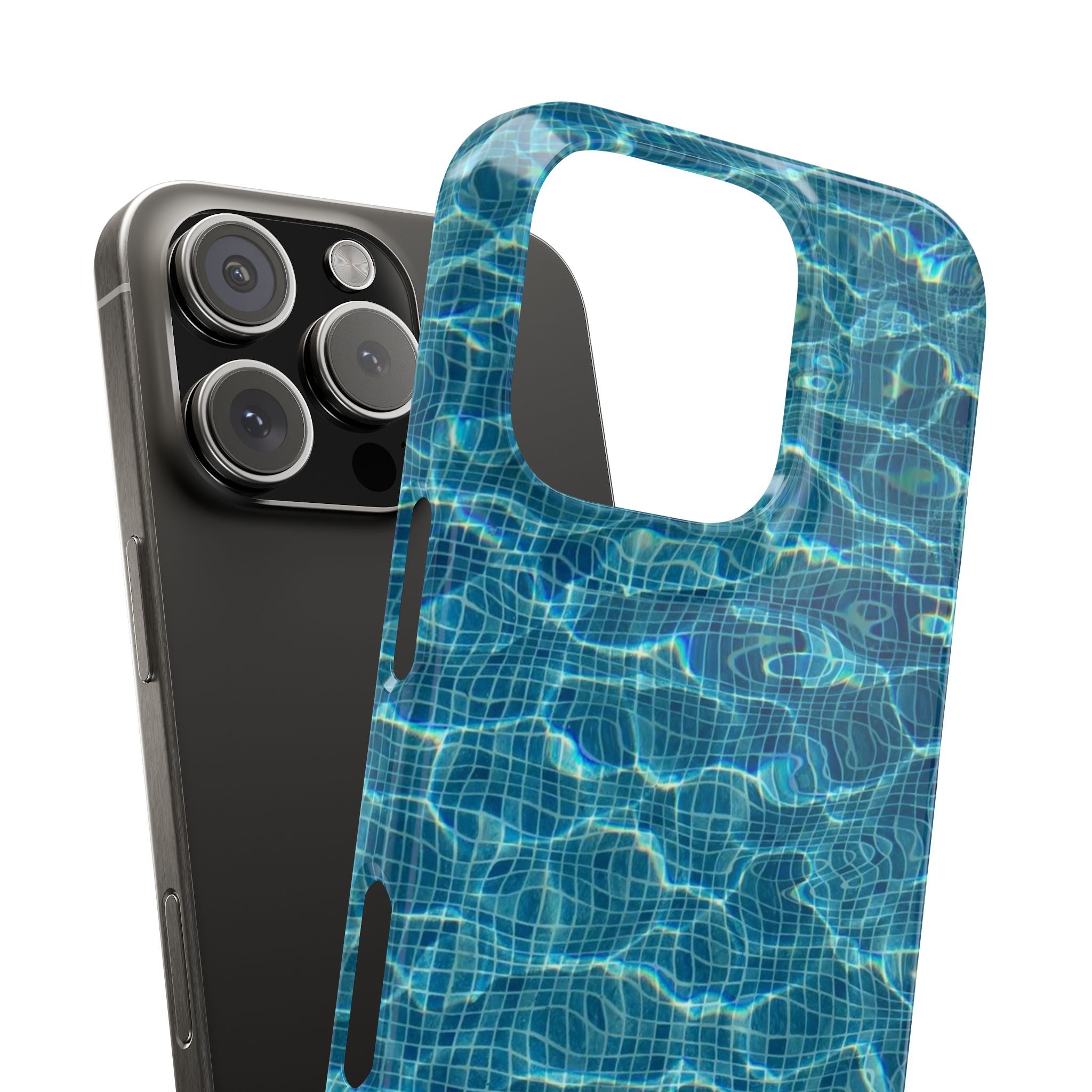 Blue Tile Pool Slim Phone Case - Summer Swimming Vacation Elegant Bright Colors, Clear Details, Sunlight Reflections, Water Ripples, Phone