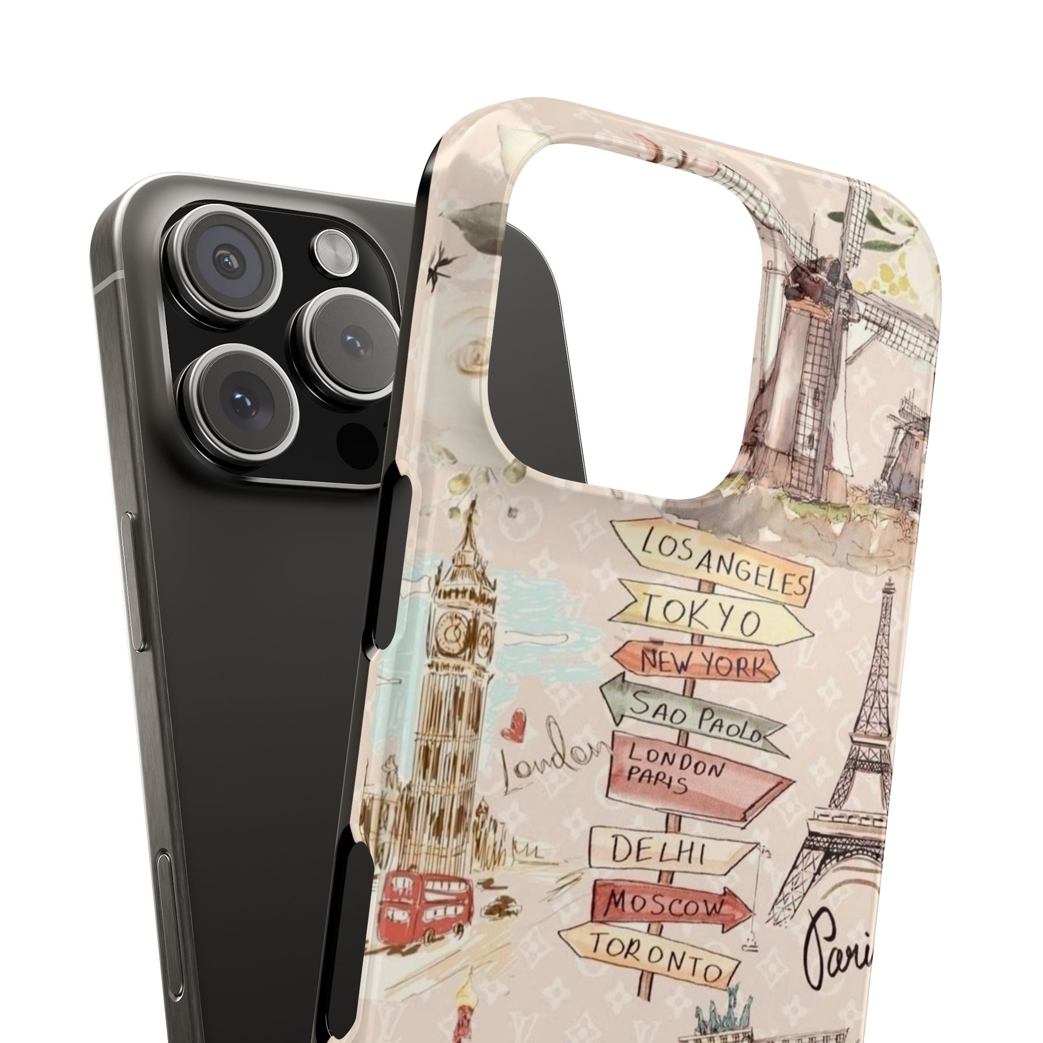 Watercolor Landmarks Slim Phone Cases, Paris London Tower Bridge Big Ben, Bright Pink Pastel Roses Louis Vuitton Print, Travel Gift, World