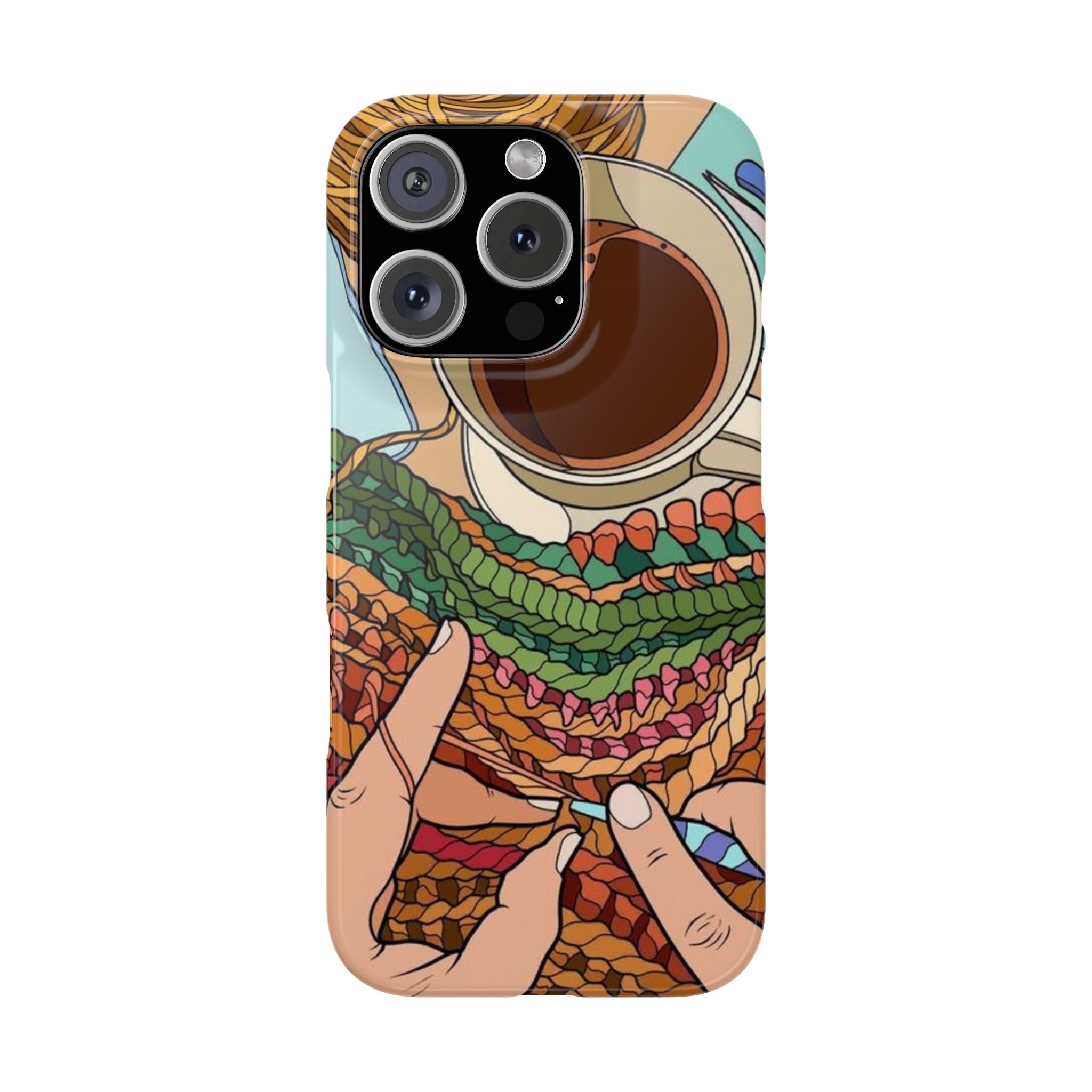 Knitting Hands Slim Phone Case, Colorful Yarn and Coffee Illustration, High-Definition Artistic Top-Down Design, Cozy Craft Cover