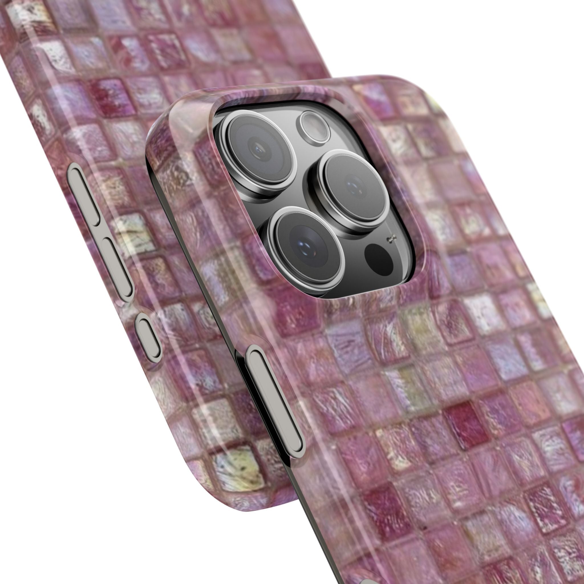 Rose Pink Mosaic Slim Phone Case, Iridescent Glass Pattern Design, High-Definition Textured Elegance, Soft Gold Accent Cover