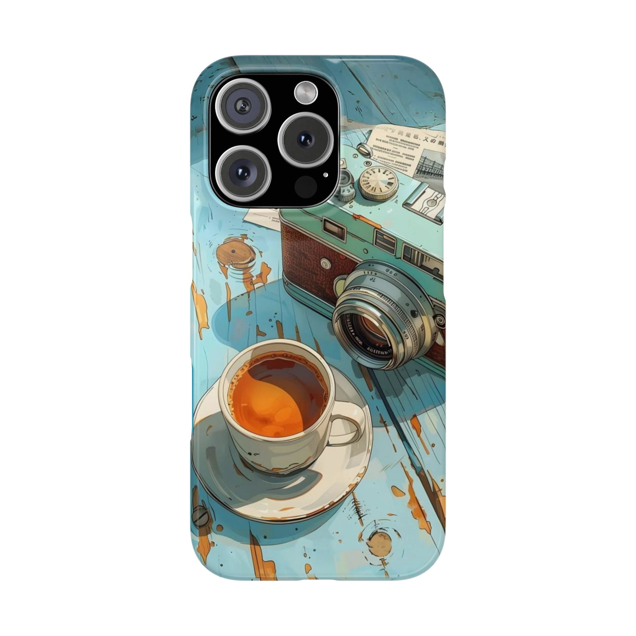 Coffee, Camera, Newspaper - Slim Phone Case, Photography Gift, Coffee Lover, Vintage Camera, Newsprint, Unique Phone Cover