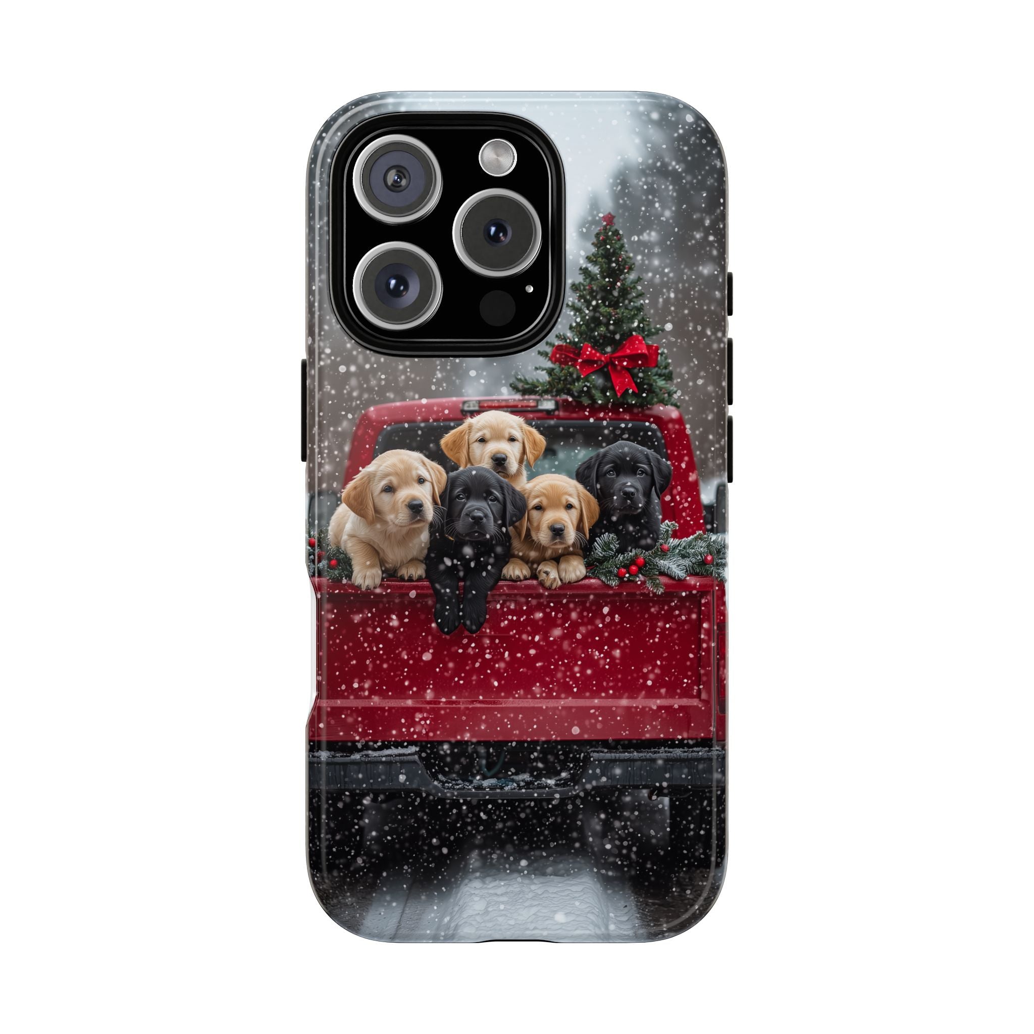 Cute Puppies on a Red Christmas Truck, Winter Time, Tough Phone Case, iPhone 16 and Samsung