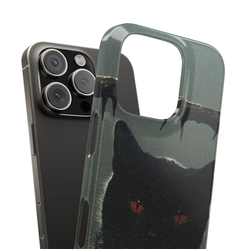 Cat on Iron Fence Slim Phone Case, Black Cat with Red Eyes Halloween Themed Cover, Spooky Themed Halloween Phone Case, Gothic Cat Themed