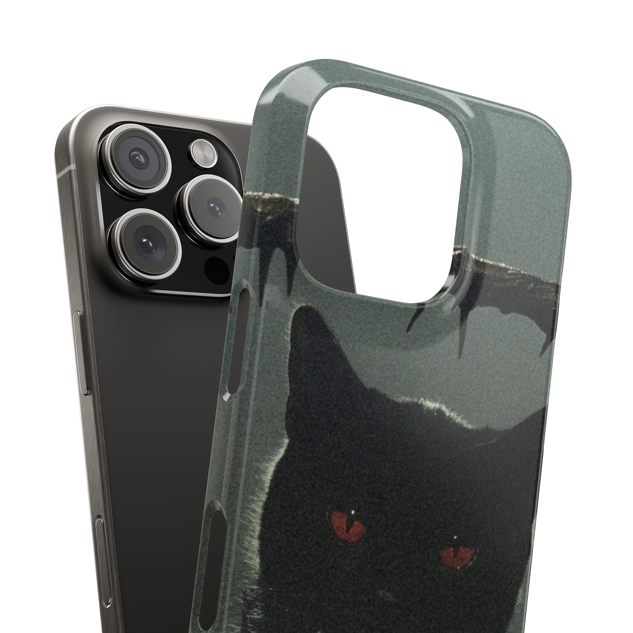 Cat on Iron Fence Slim Phone Case, Black Cat with Red Eyes Halloween Themed Cover, Spooky Themed Halloween Phone Case, Gothic Cat Themed