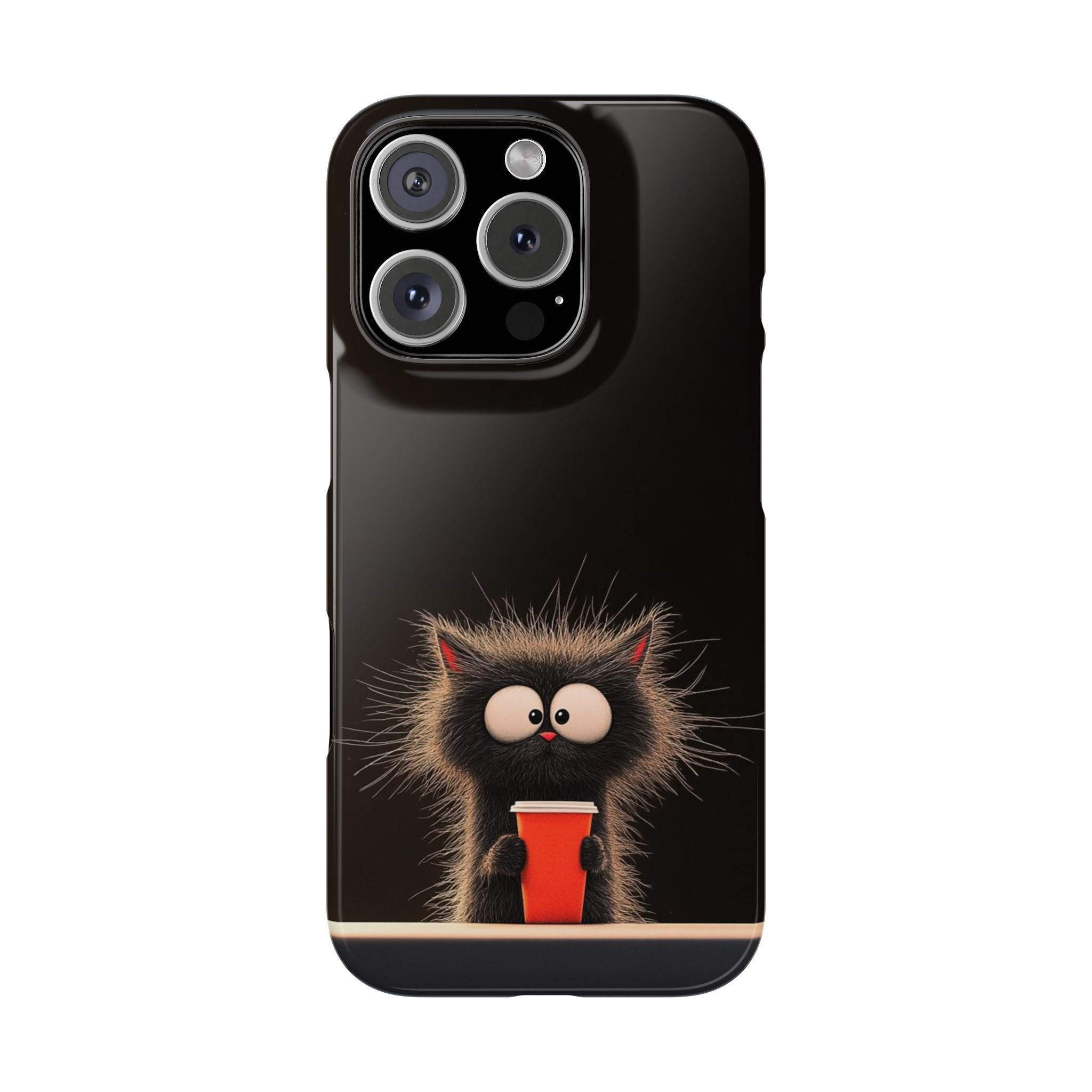 Funny Cat Coffee Slim Phone Case, Minimalist Cartoon Style on Black Background, High-Definition Fluffy Feline Design
