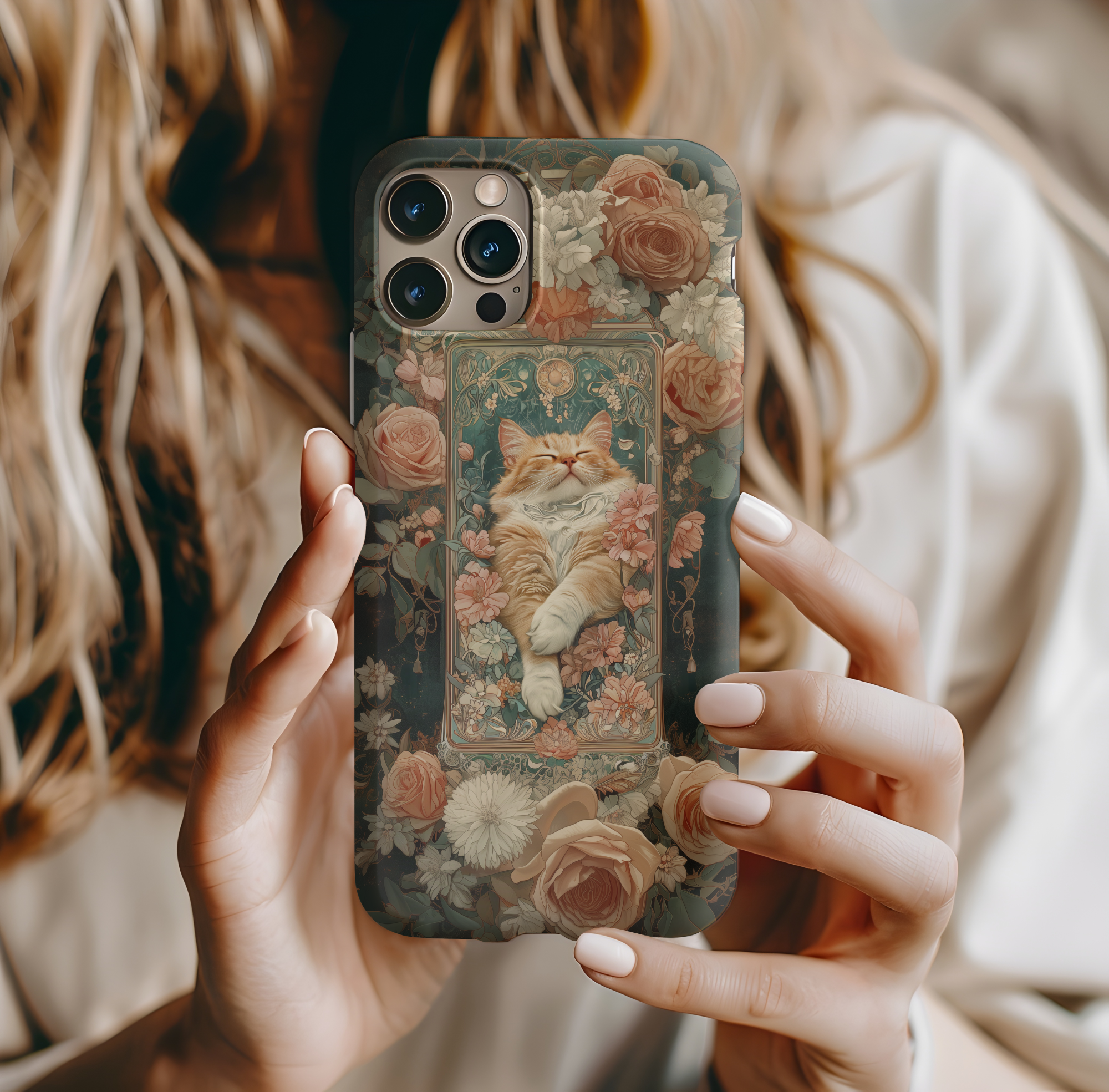 Phone Case - Alphonse Mucha Sleeping Cat Art Nouveau Style