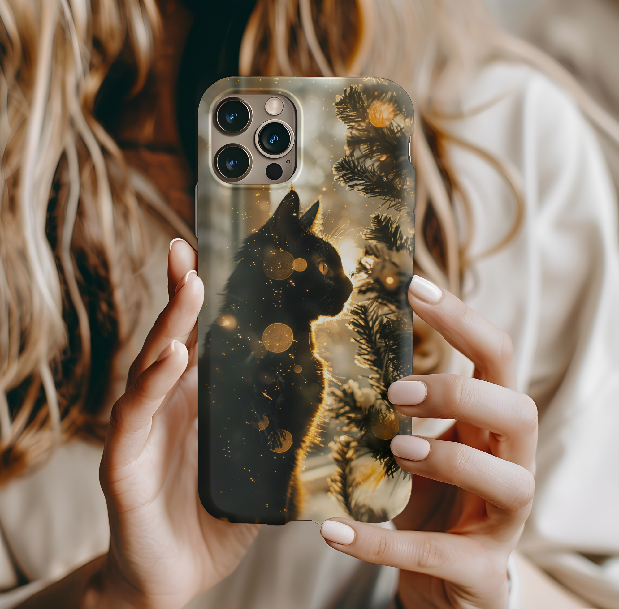 Phone Case - Black Cat in Front of Christmas Tree