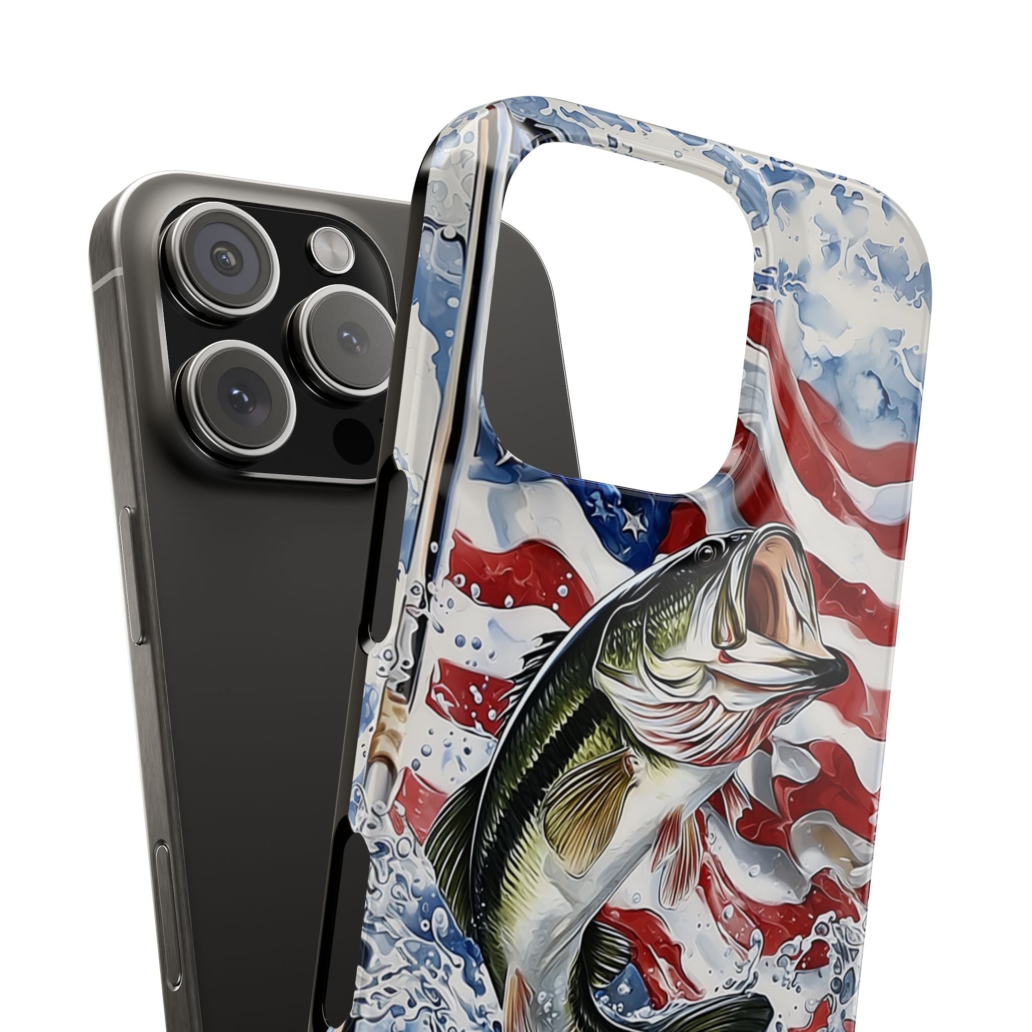 Phone Case, Patriotic Fishing Bass American Flag Water Splash Airbrushed Slim Case, Gift for Fishermen, Fishing Enthusiasts, Fourth of July,
