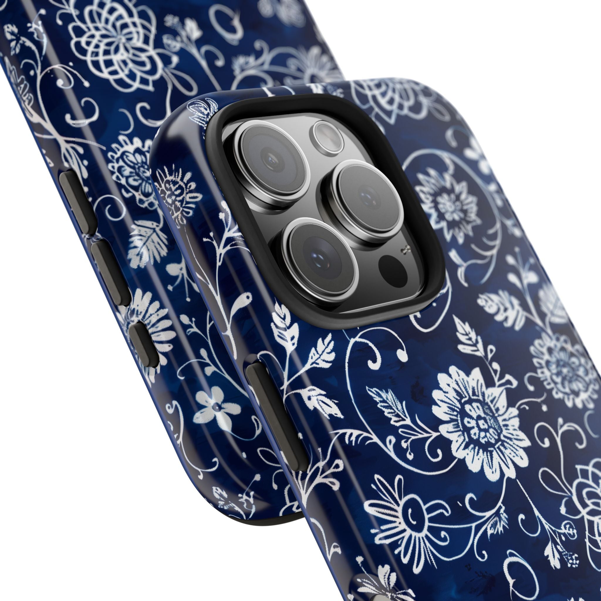 Phone Cases - White Ink Stamp Pattern with White Flowers on Blue Background