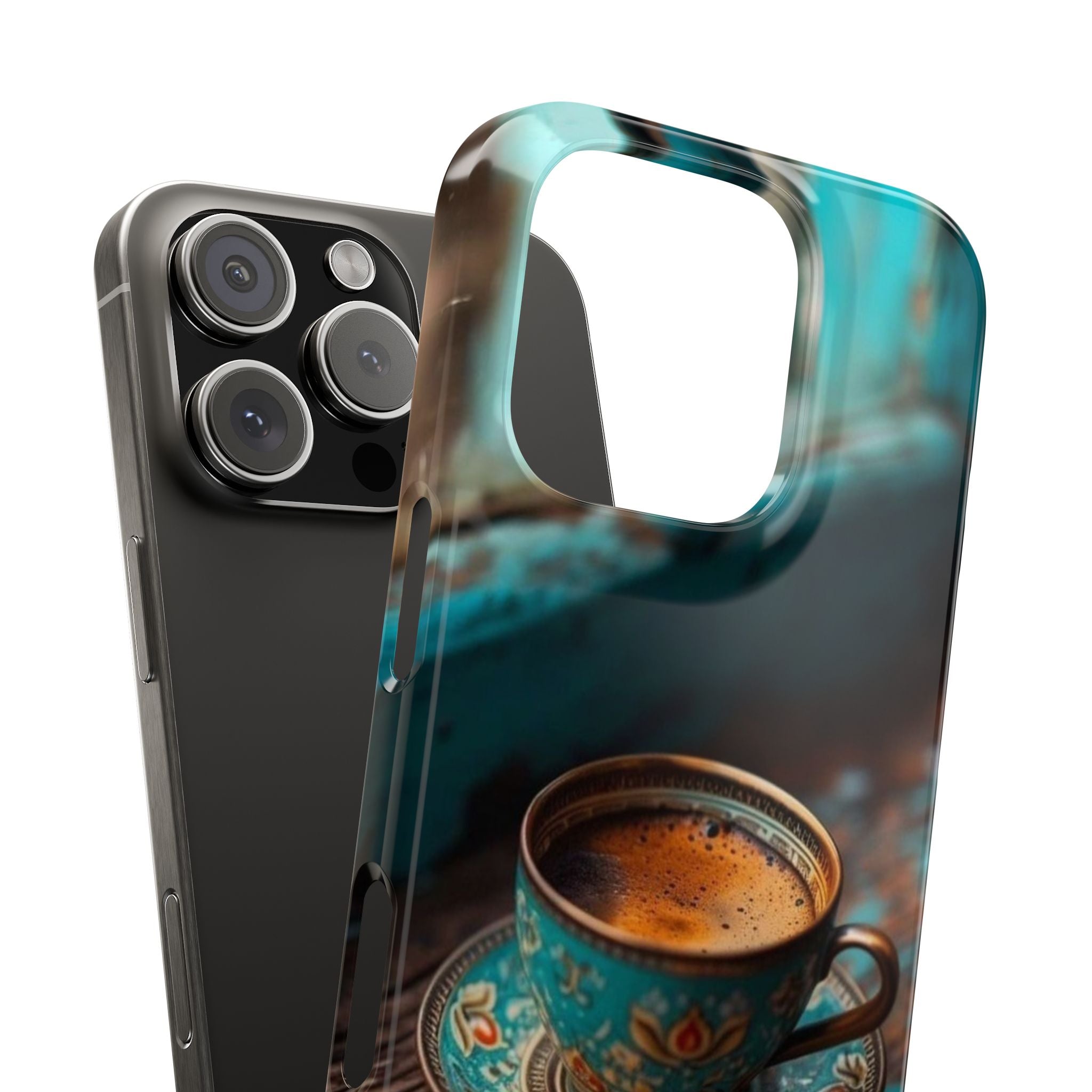 Turquoise Coffee Cup Slim Phone Case, Coffee Lover Gift, Wooden Window Phone Cover, Minimalist Phone Shell, Gifts for Her, Protective Case