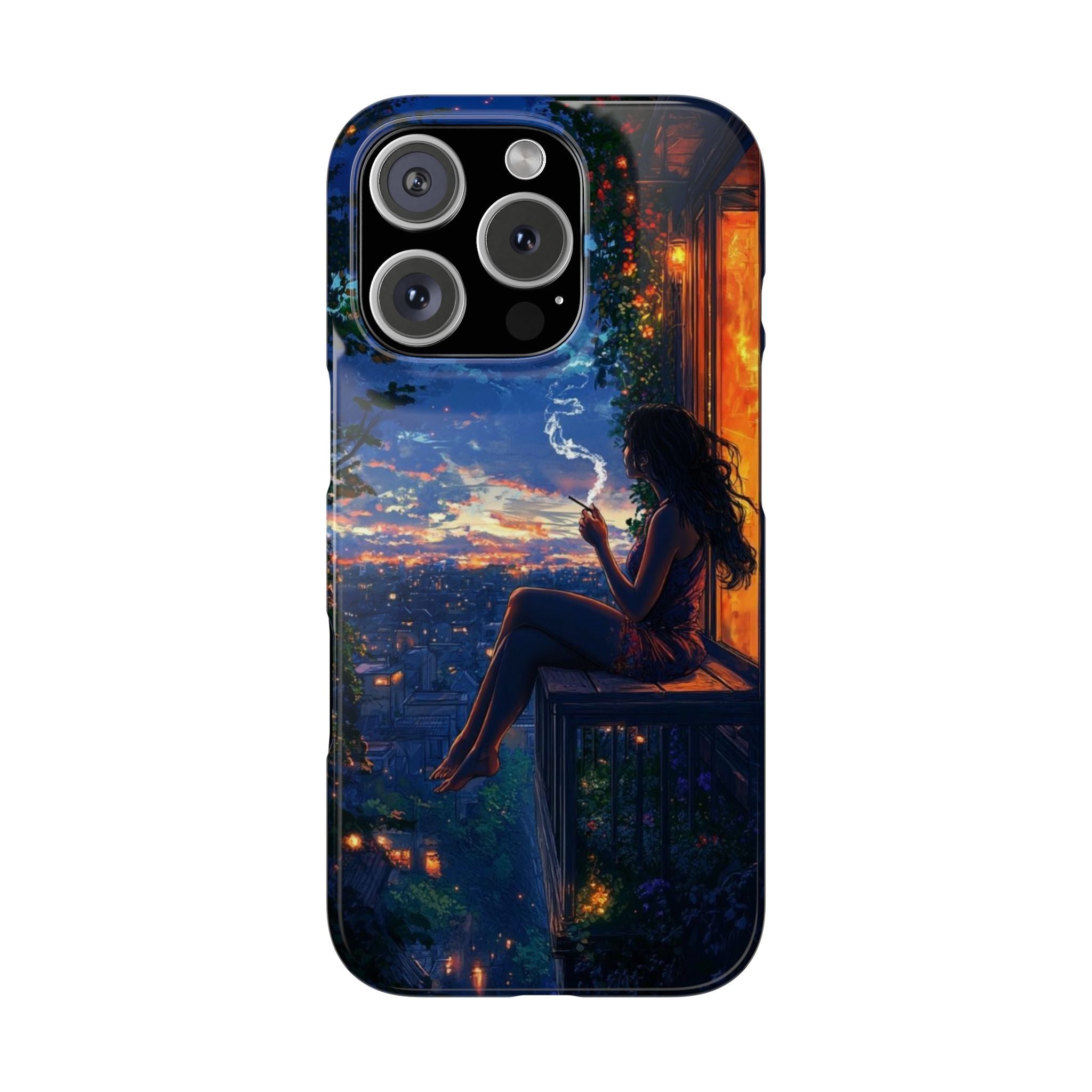 Anime Balcony Night Slim Phone Case, Girl with Cigarette Overlooking City Lights, Dreamy Warm-Toned Portrait, High-Definition Cover