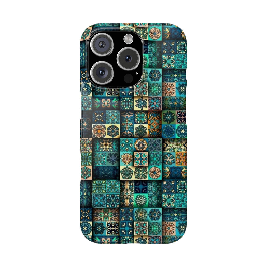 Bohemian Tile Slim Phone Case, Seamless Patchwork Pattern in Blue, Teal & Gold, High-Definition Ornate Design Cover