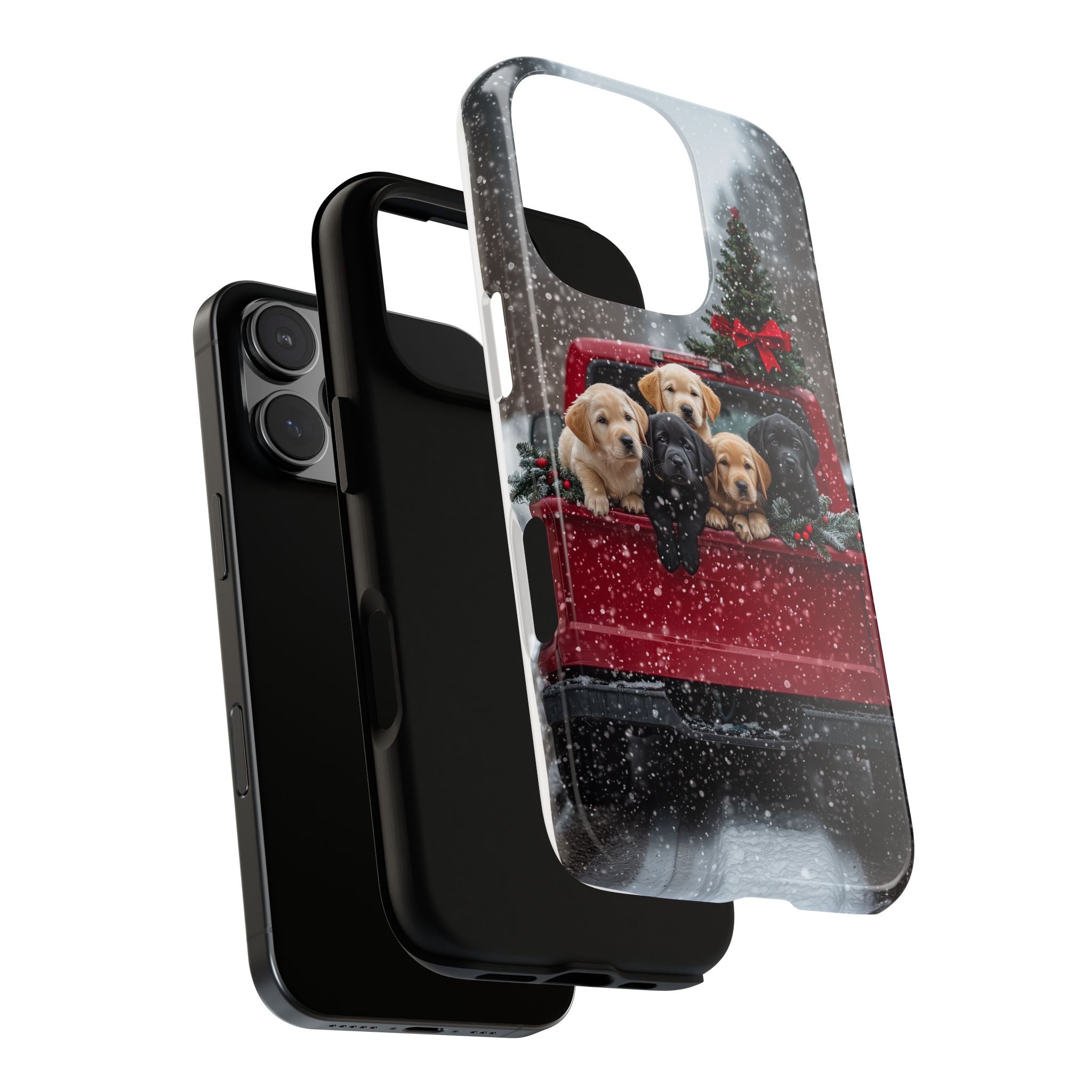 Cute Puppies on a Red Christmas Truck, Winter Time, Tough Phone Case, iPhone 16 and Samsung