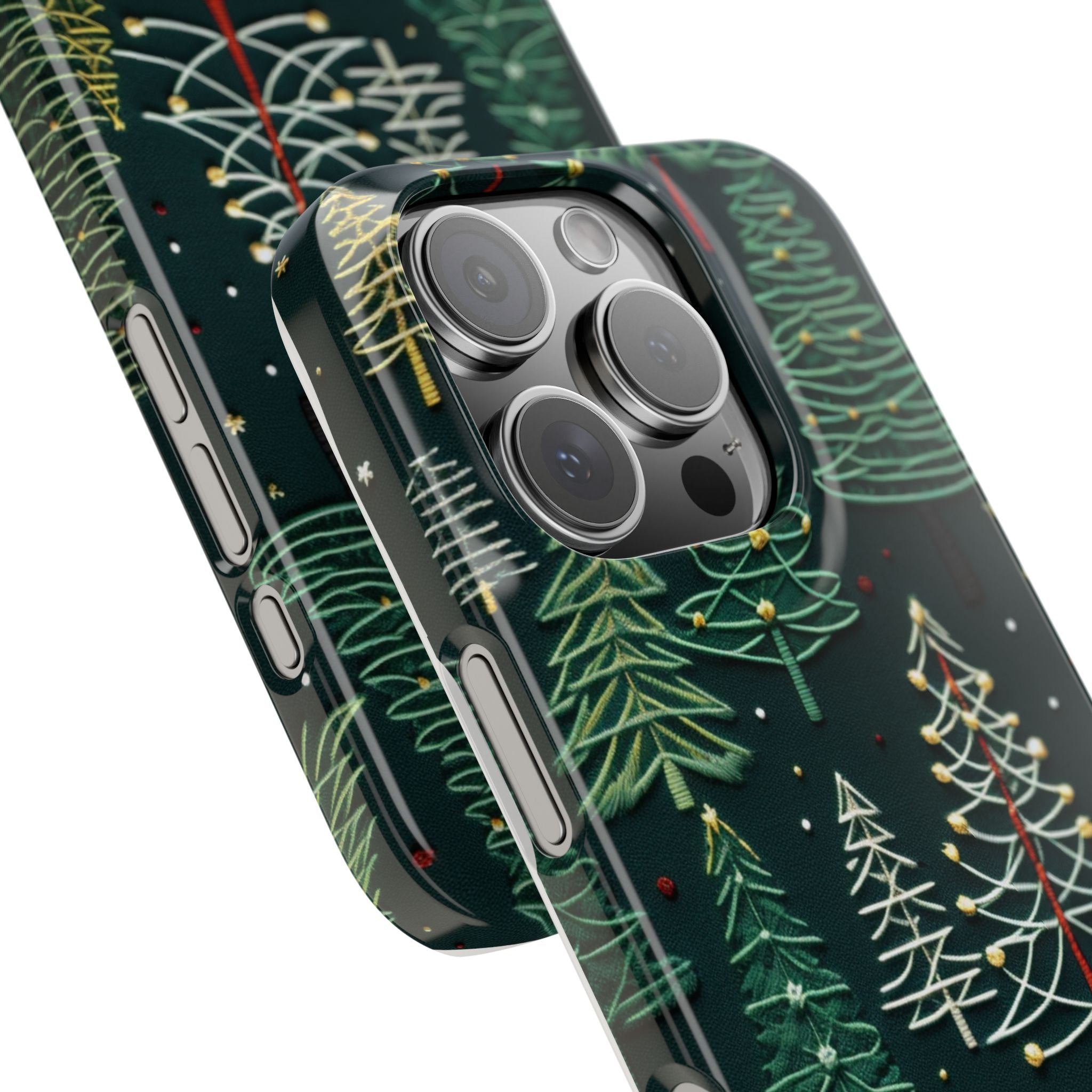 The "New Year Embroidery Bliss" 3 slim iPhone case with embroided Christmas Trees, Enchanting Holidays, iPhone cover