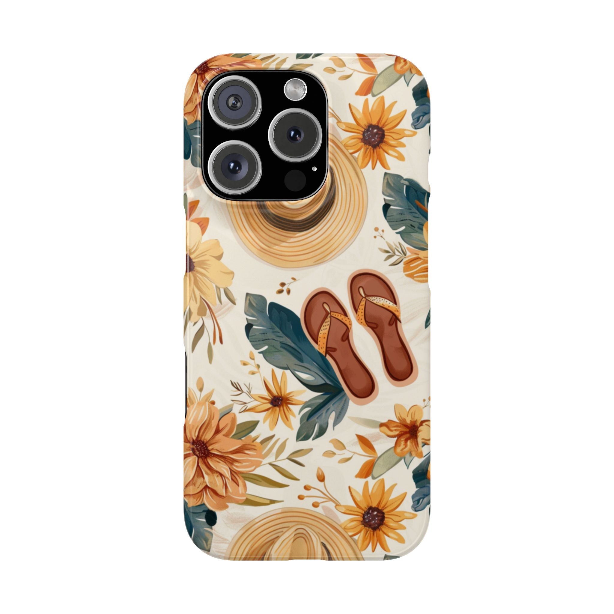Slim Phone Cases, Watercolor Sunflowers Floral Pattern, Beach Hat, Flip-Flops, Minimalist Design, Digital Art, Phone Accessories