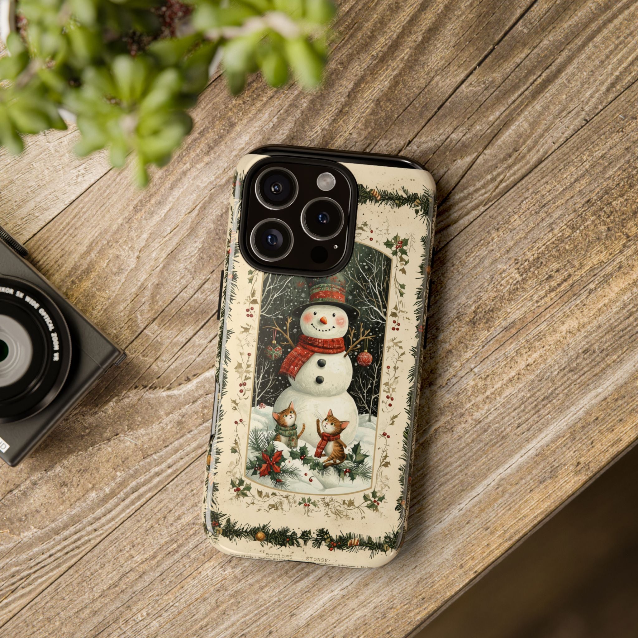 A Vintage Snowman with 2 kittens, Tough Phone Case, iPhone 16, Samsung Galaxy, and Google Pixel