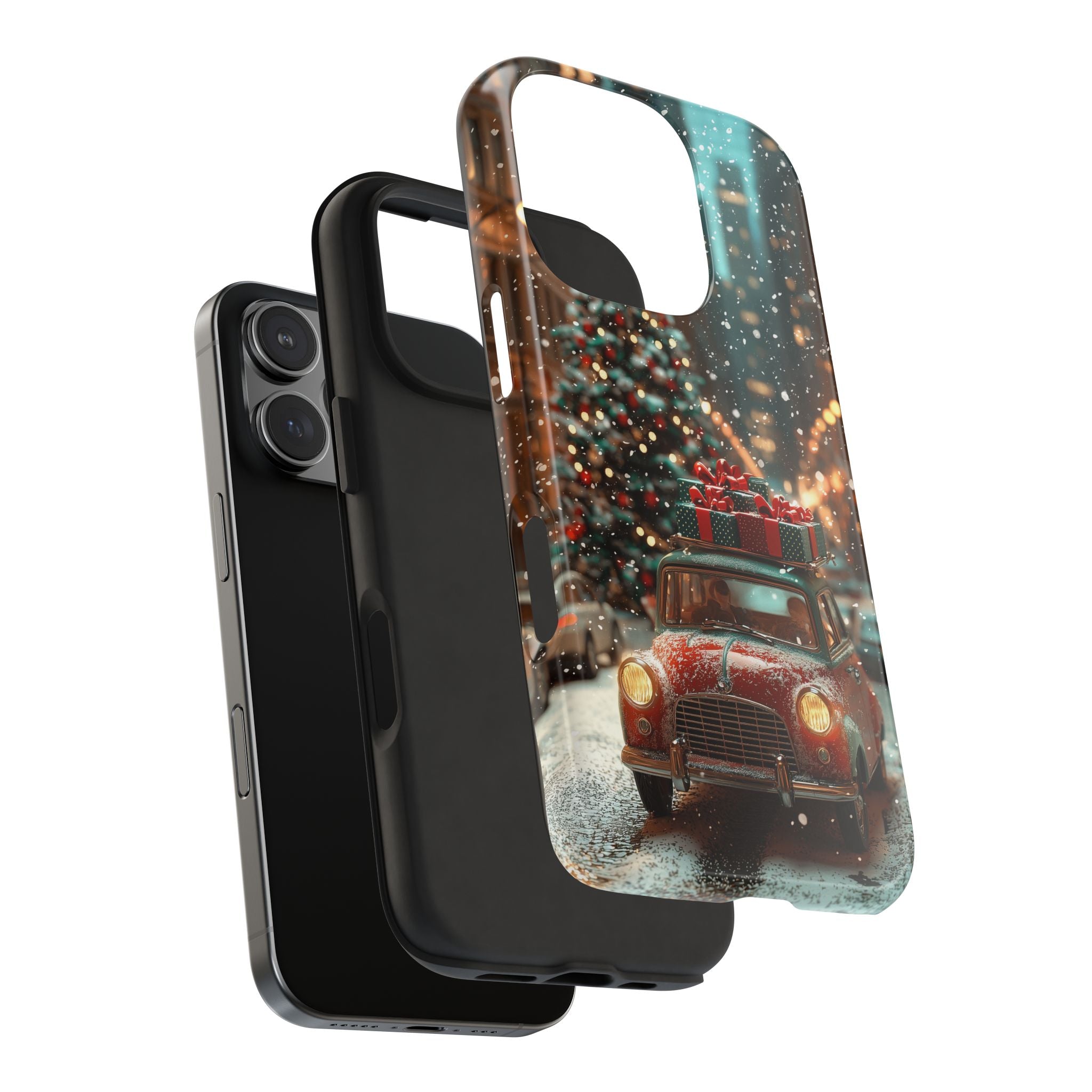 Christmas Red Car Tough Phone Case, Festive Holiday Winter Design, Snowy City Scene, Christmas Lights, Gift for Car Lovers, Red and Green
