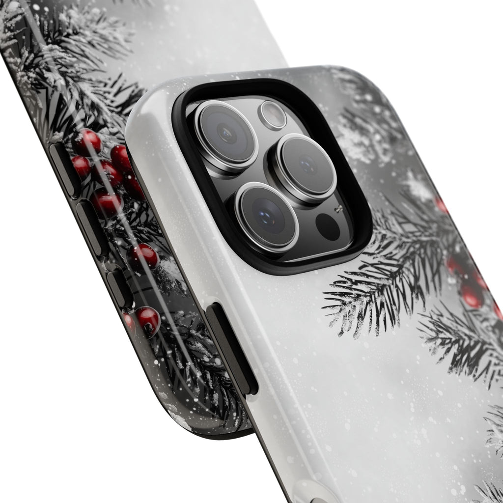Phone Case, Charcoal Style Christmas Black and White Art with Redberry Christmas Background Tough Case - Holiday Gift, Christmas Phone