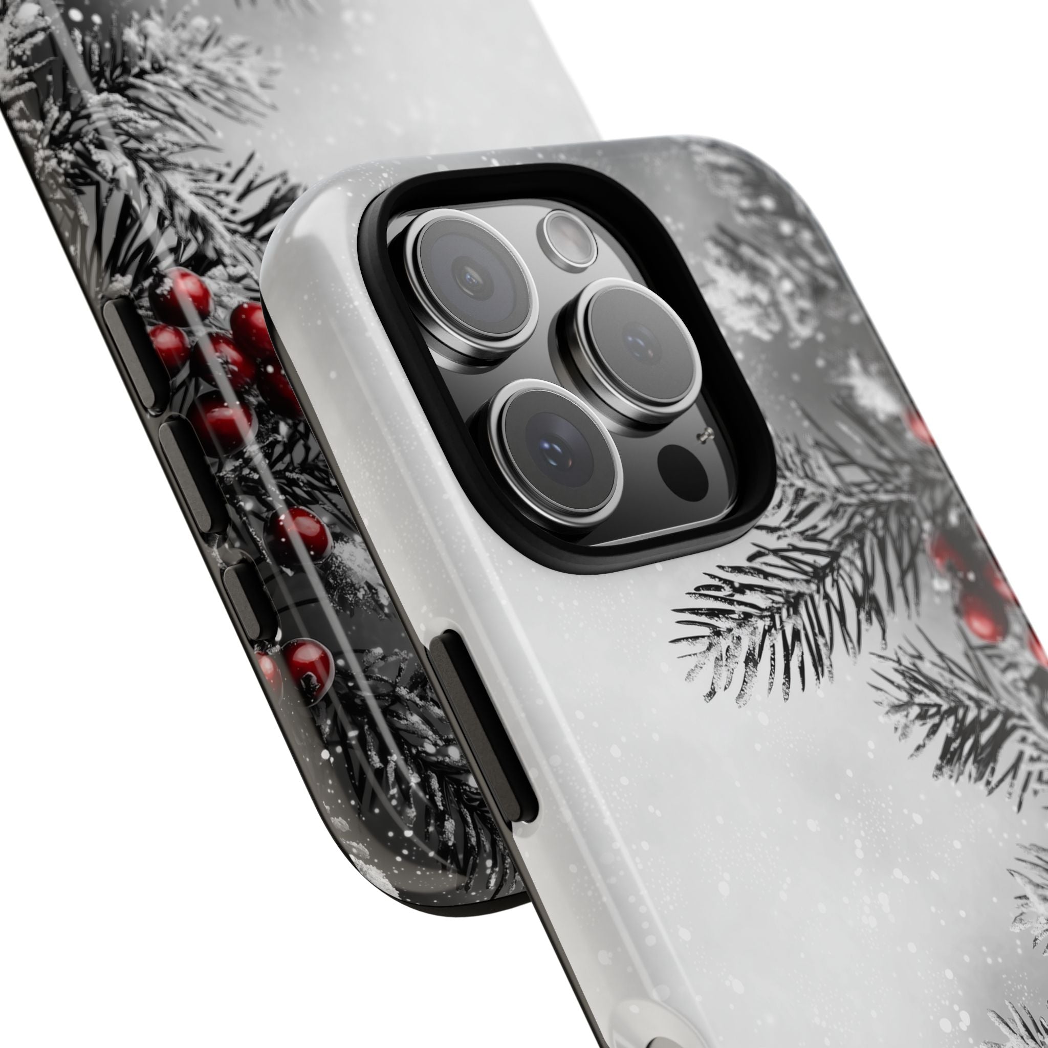 Phone Case, Charcoal Style Christmas Black and White Art with Redberry Christmas Background Tough Case - Holiday Gift, Christmas Phone