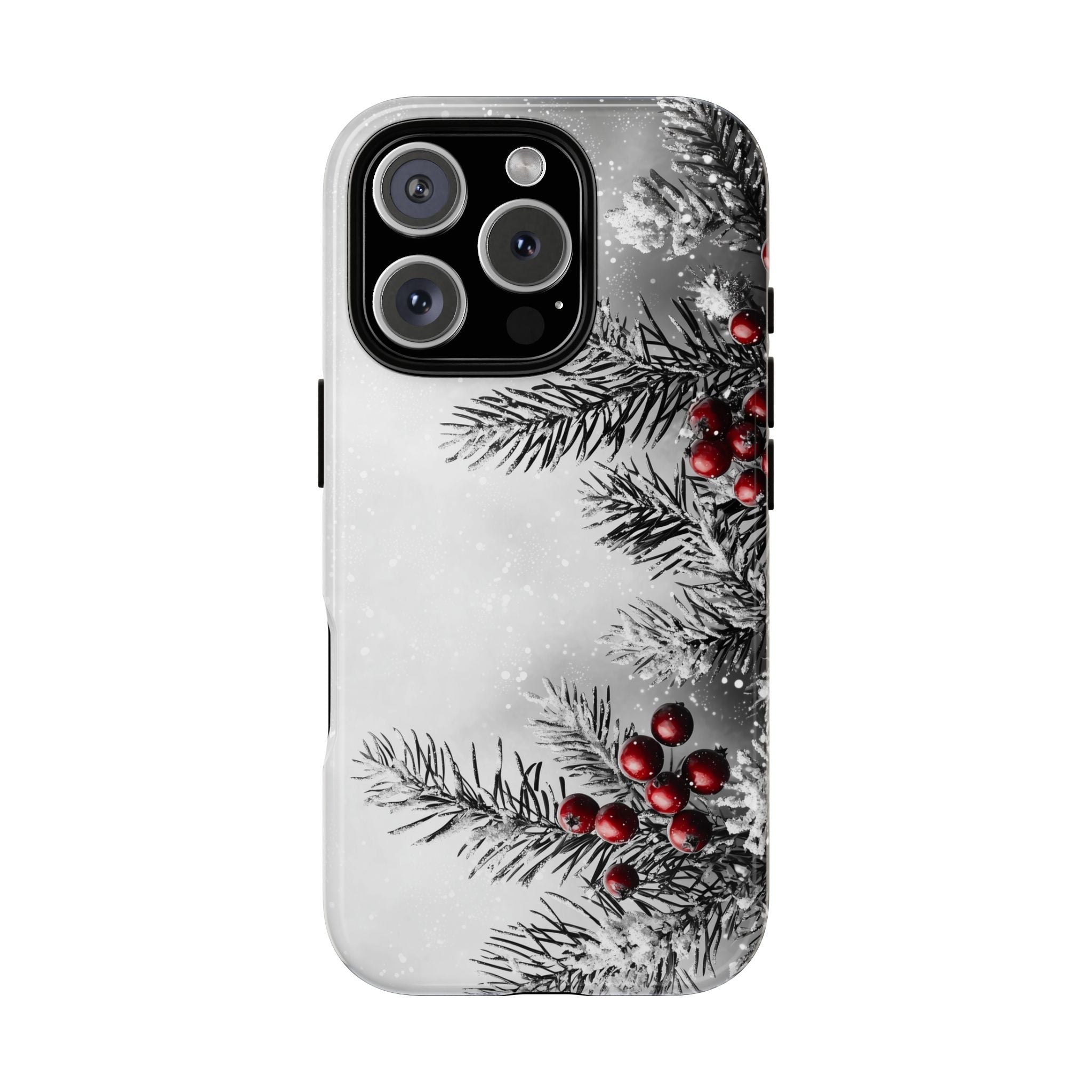 Phone Case, Charcoal Style Christmas Black and White Art with Redberry Christmas Background Tough Case - Holiday Gift, Christmas Phone